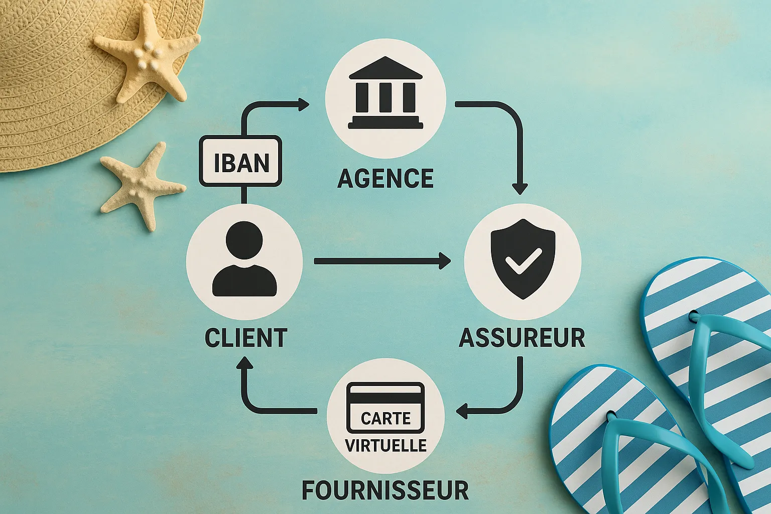 Schéma simplifié montrant les flèches de flux financiers entre client, agence, assureur et fournisseur avec des icônes IBAN et carte virtuelle, le tout sur un fond coloré évoquant le voyage.