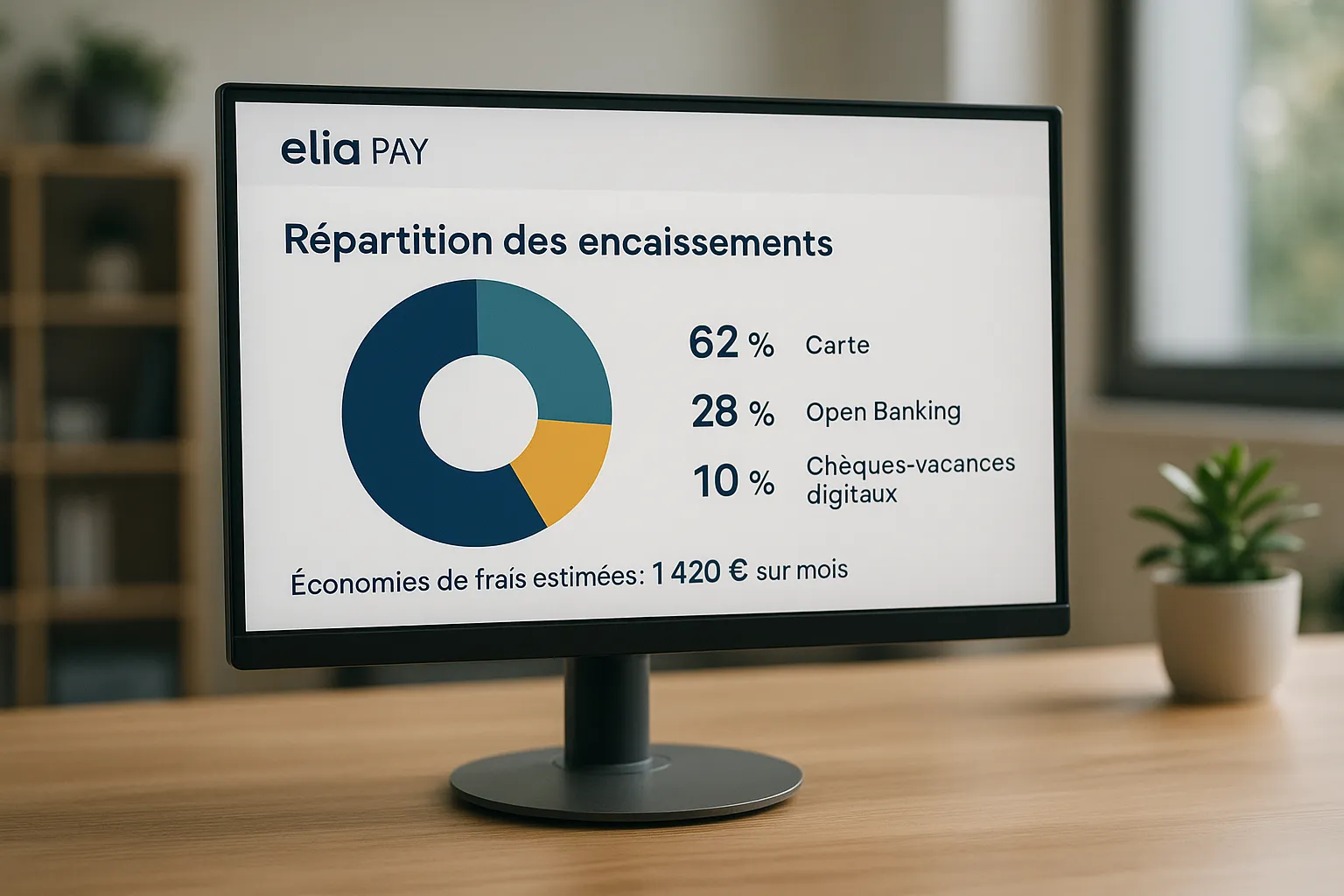 Tableau de bord Elia Pay affichant la répartition des encaissements : 62 % carte, 28 % open banking, 10 % chèques-vacances digitaux, avec économies de frais estimées à 1 420 € sur le mois.