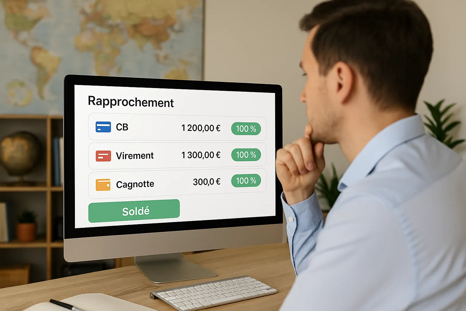 Un agent de voyage observe un tableau de bord montrant plusieurs paiements entrants (CB, virement, cagnotte) associés en couleur à un même dossier client, avec des indicateurs de rapprochement à 100 % et une alerte verte « soldé ».