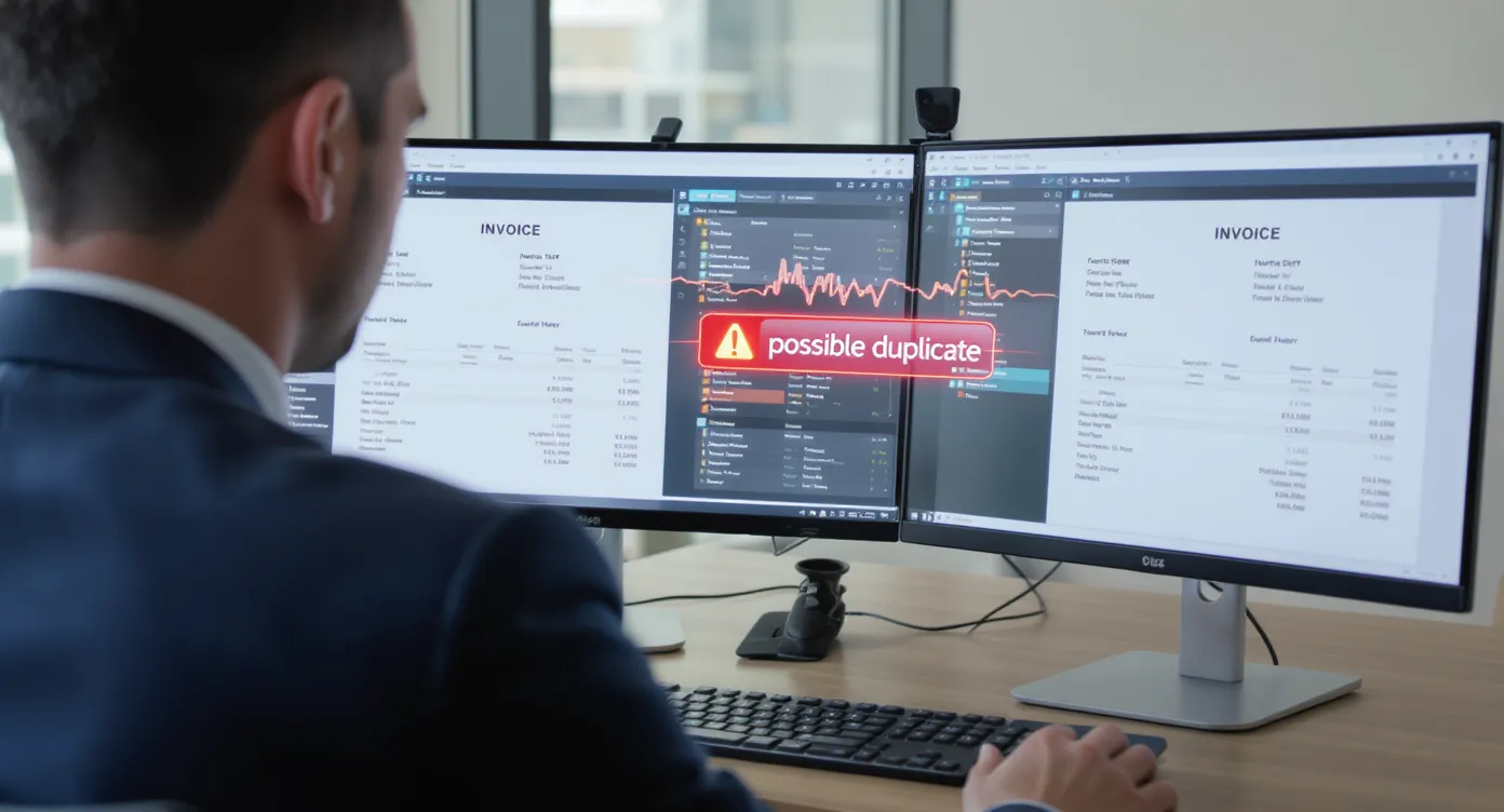 Un agent de voyages compare deux factures identiques sur un écran, tandis qu’un tableau de bord affiche une alerte rouge « possible doublon ». La scène se déroule dans un bureau moderne avec cartes du monde au mur.
