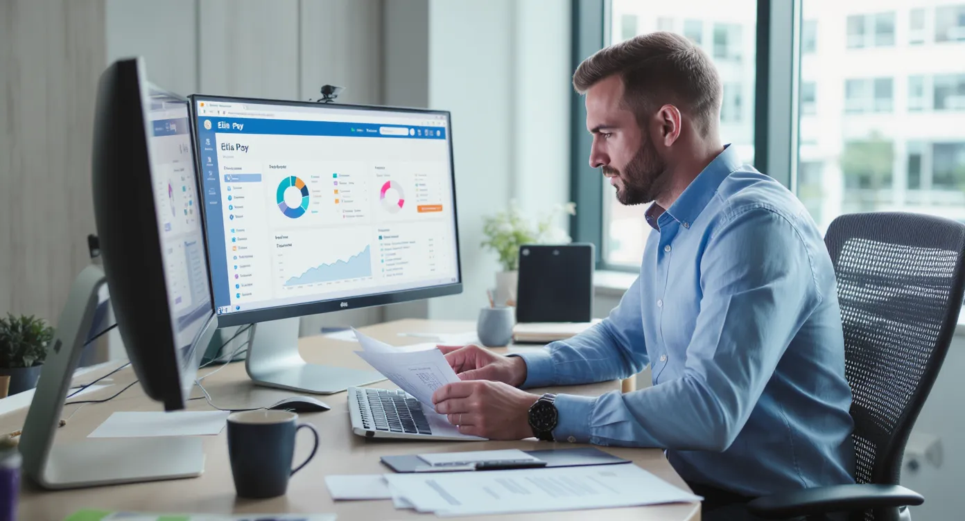 Un agent de voyages consulte son tableau de bord Elia Pay et rassemble des justificatifs (e-ticket, formulaire 3-D Secure, CGV signées) avant de rédiger un e-mail de contestation de chargeback sur son ordinateur portable.