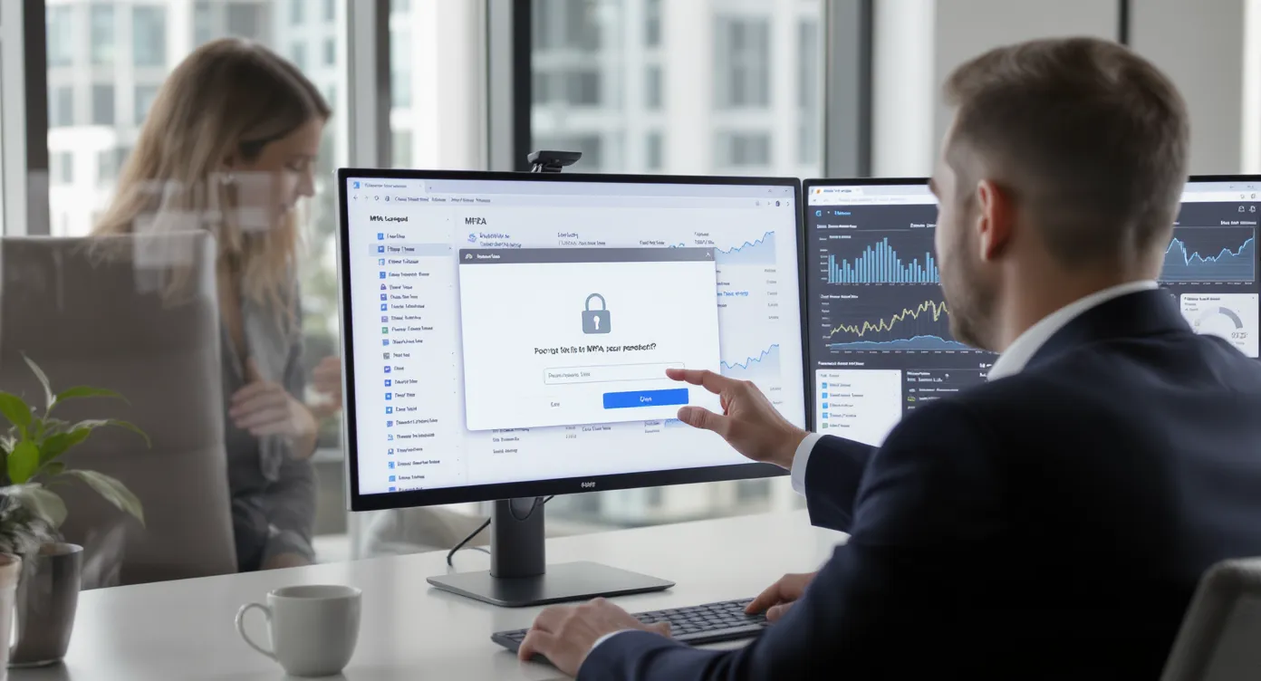 Un agent de voyages montre à un client un écran verrouillé par une demande MFA, tandis que des graphiques de trésorerie s’affichent sur un second moniteur, illustrant la sécurité et la performance financière.