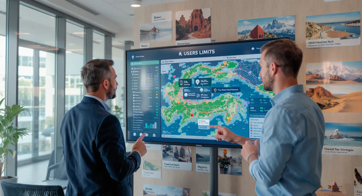 Un chef de produit et un conseiller voyages examinent un tableau de bord affichant les limites par utilisateur sur des cartes virtuelles, derrière eux un mur d’itinéraires de circuits exotiques.