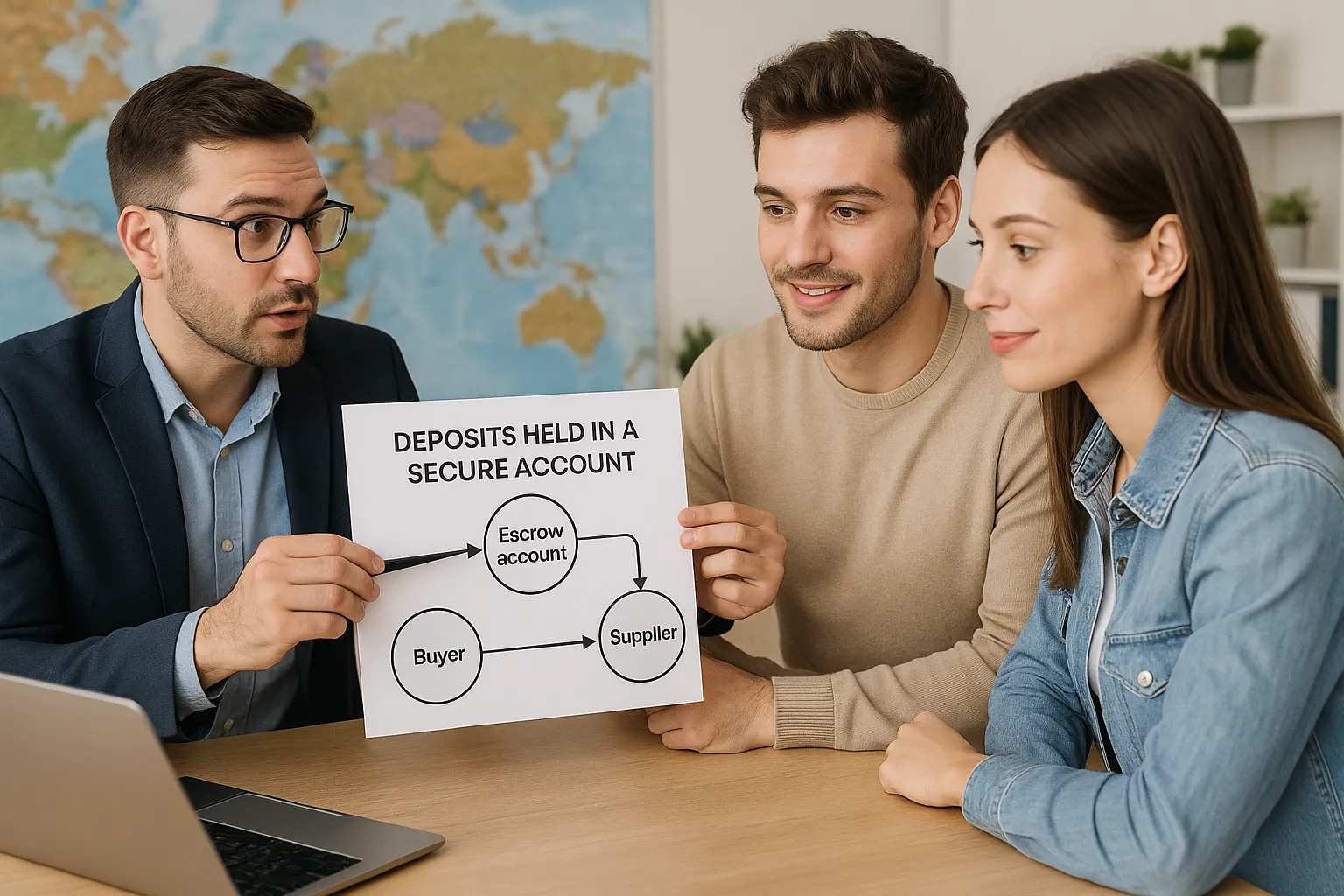 Un conseiller voyage explique à un jeune couple comment leurs acomptes sont conservés sur un compte séquestre sécurisé, schéma simple du flux d’argent de l’acheteur vers le fournisseur.