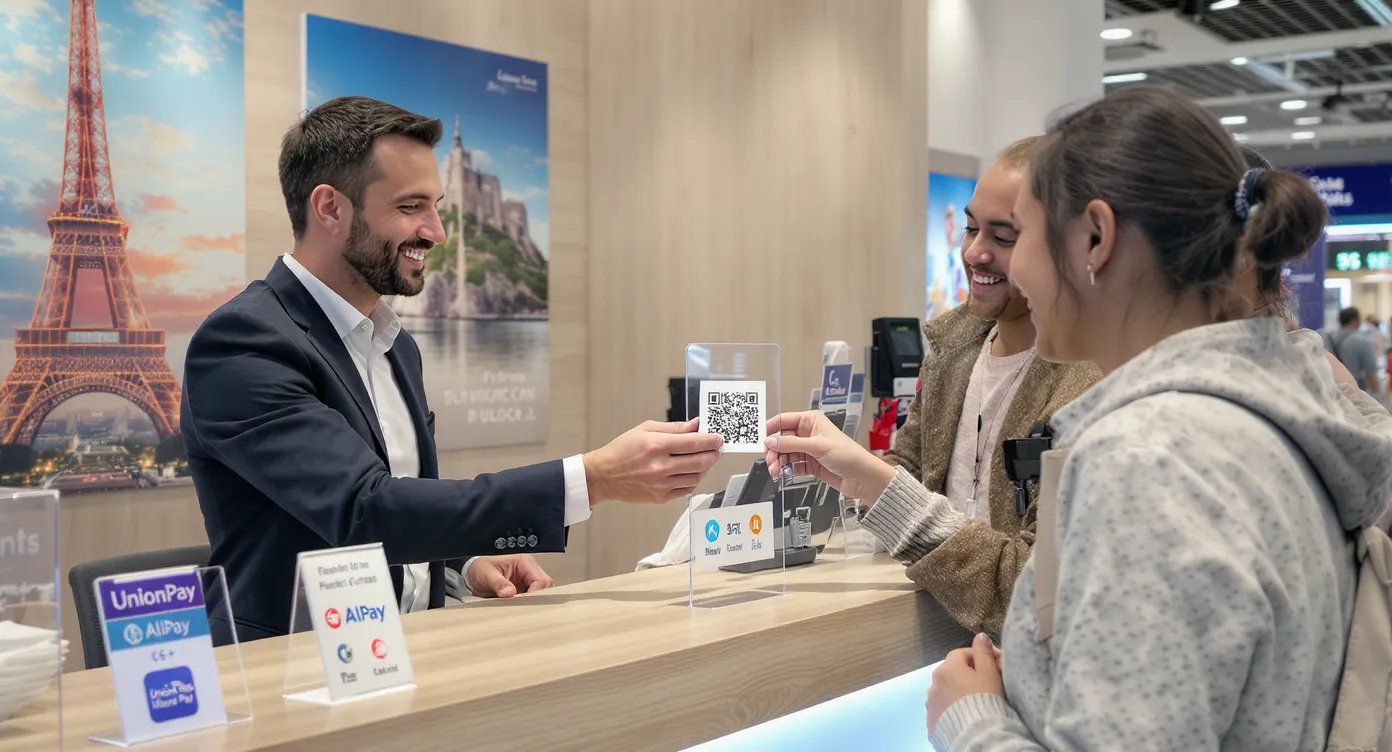 Un conseiller voyage français présente un QR code Alipay à une famille chinoise debout devant un comptoir, décoré d’affiches de la tour Eiffel et de Mont-Saint-Michel. Des logos UnionPay, Alipay et WeChat Pay sont visibles sur un présentoir en plexiglas.