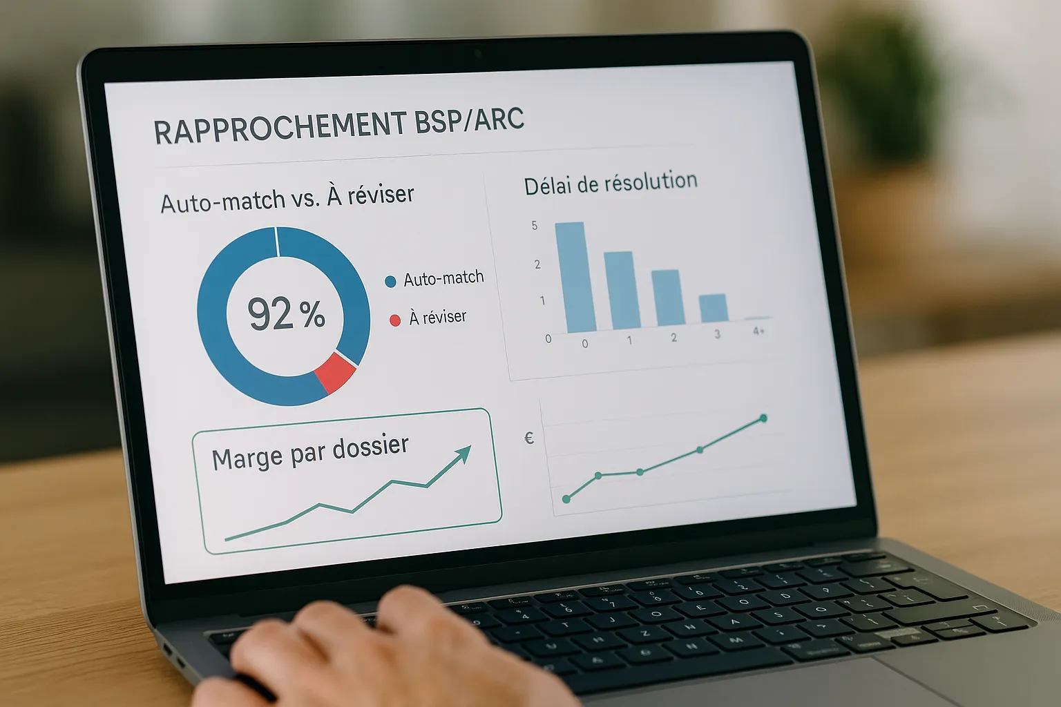 Un tableau de bord montre l’état du rapprochement BSP/ARC : 92 % auto-match, 8 % à réviser, avec des graphiques de délais et un indicateur de marge par dossier.