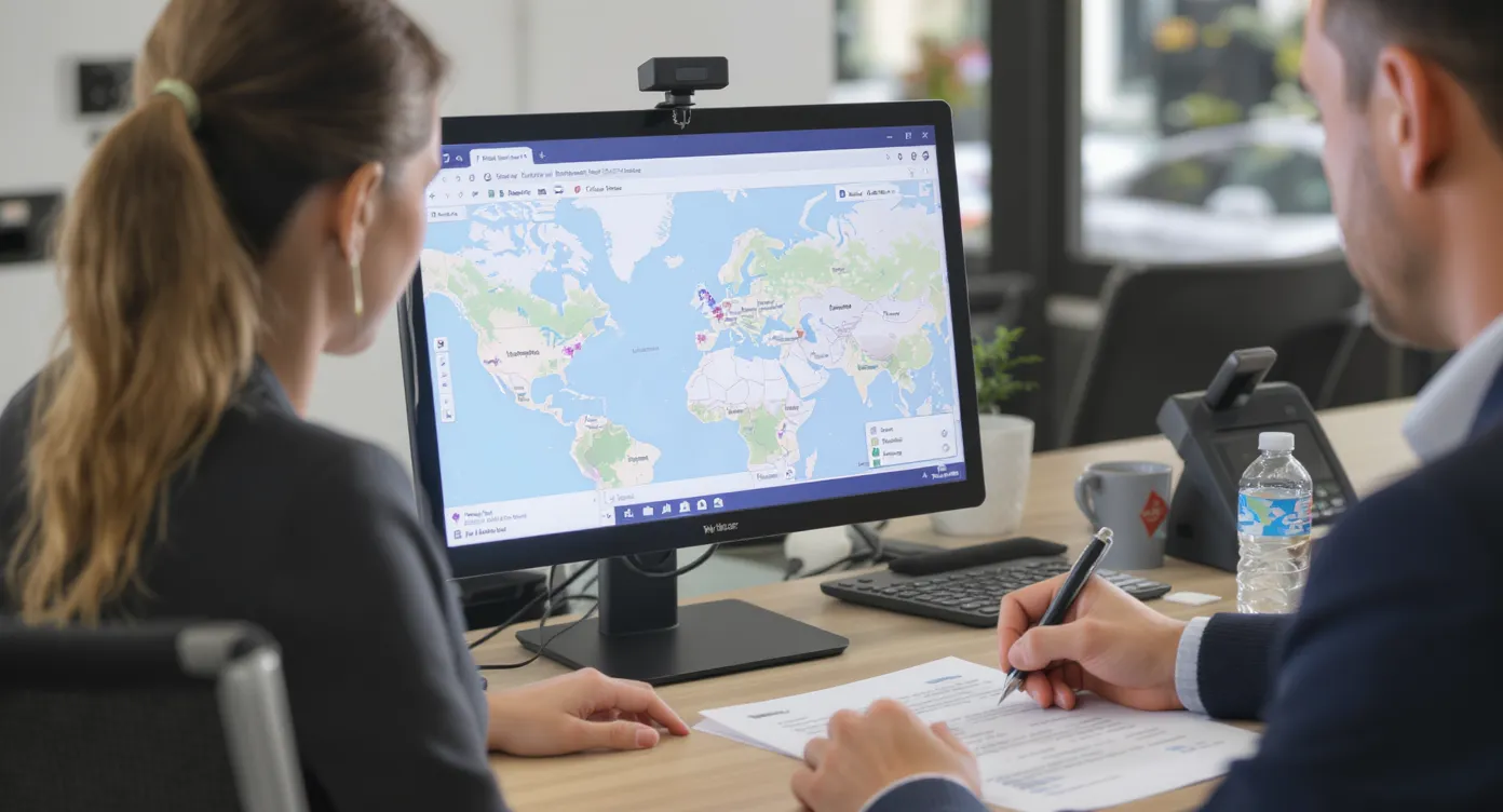 Une agente de voyages génère instantanément une carte virtuelle sur son écran, pendant qu’un client signe son contrat de location de voiture devant un comptoir rempli de clés numérotées.