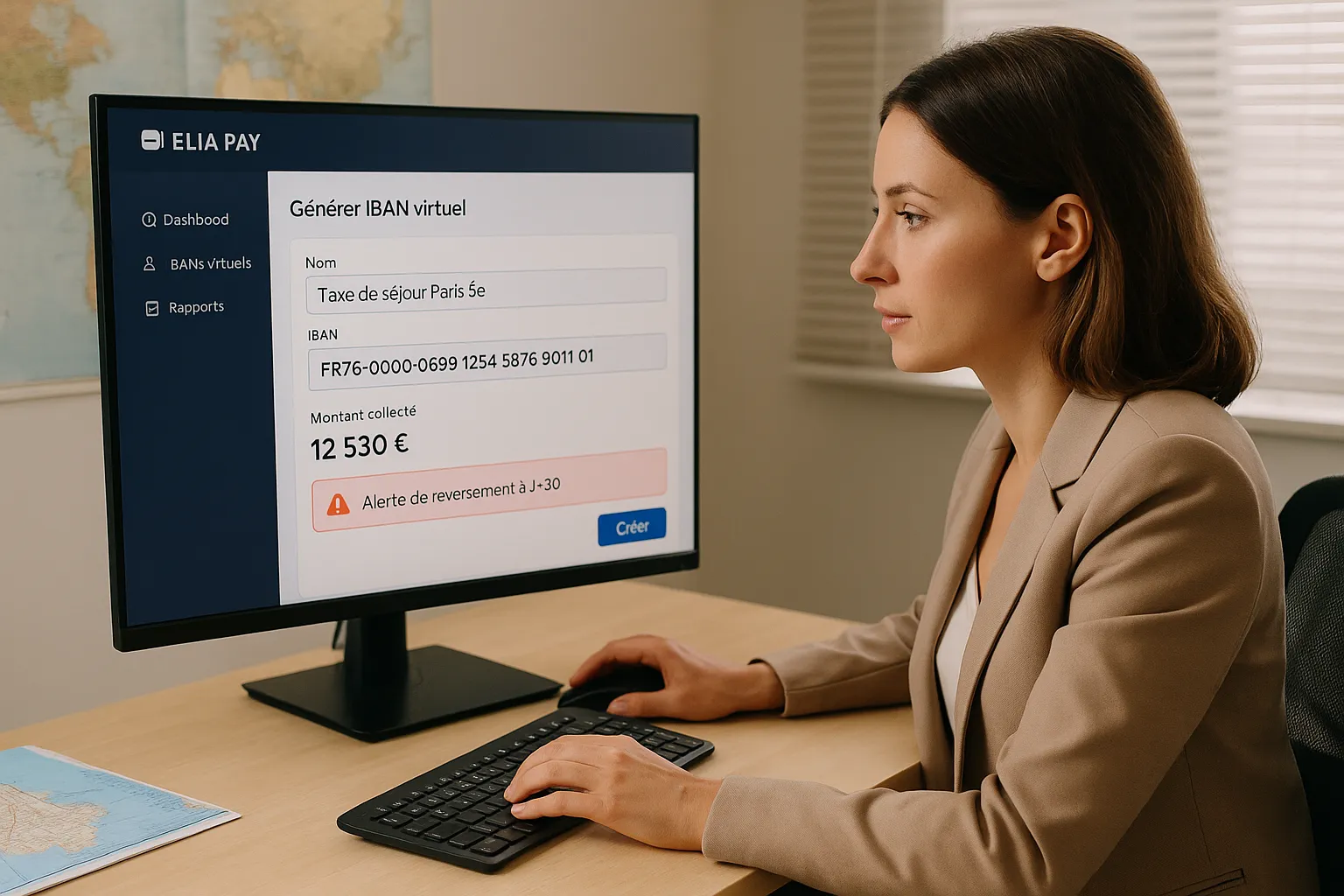 Une conseillère voyage génère un IBAN virtuel « Taxe de séjour Paris 5e » dans un tableau de bord Elia Pay, l’écran affichant le montant collecté et une alerte de reversement à J+30.