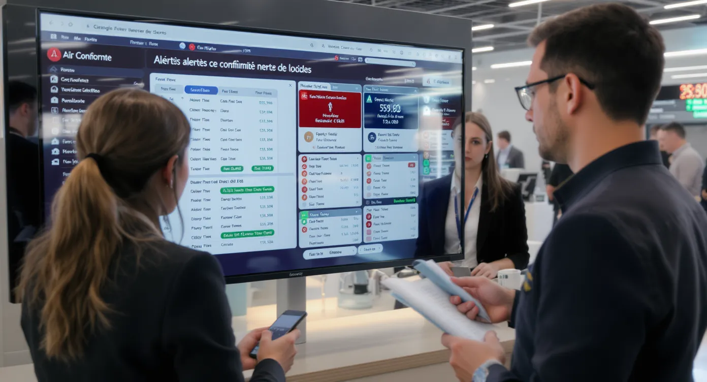Une conseillère voyages observe un tableau de bord affichant des alertes de conformité, tandis qu’une collègue vérifie des passeports de clients dans un open space moderne. Le graphique met en évidence des paiements bloqués et des voyants verts après validation.