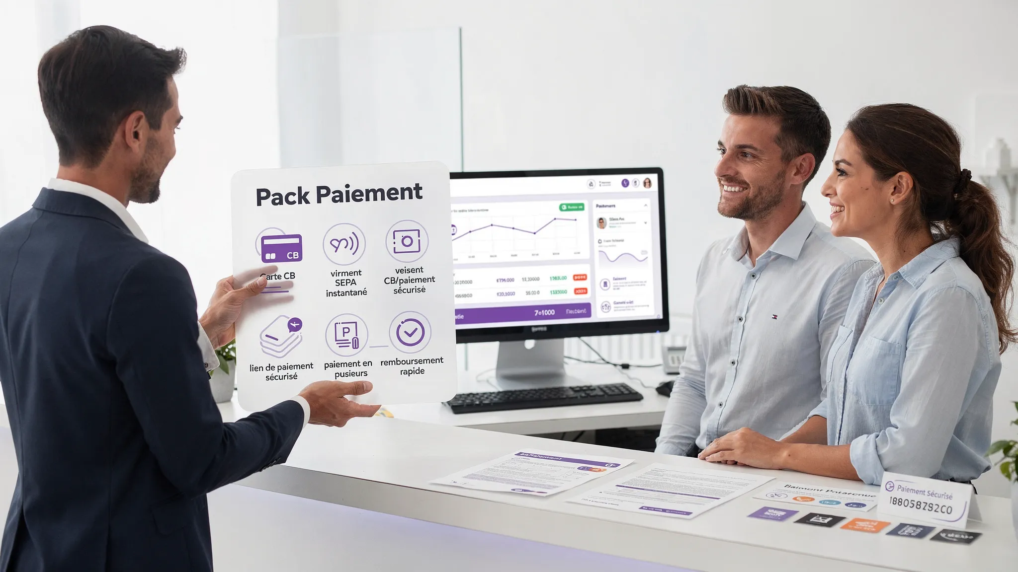 Au comptoir d’une petite agence, un conseiller présente à un couple un panneau “Pack Paiement” affichant des icônes carte CB, virement SEPA instantané, lien de paiement sécurisé, paiement en plusieurs fois et remboursement rapide. On voit un poste avec écran montrant un tableau de bord de paiements, des badges de confiance et un IBAN français visible sur un devis.