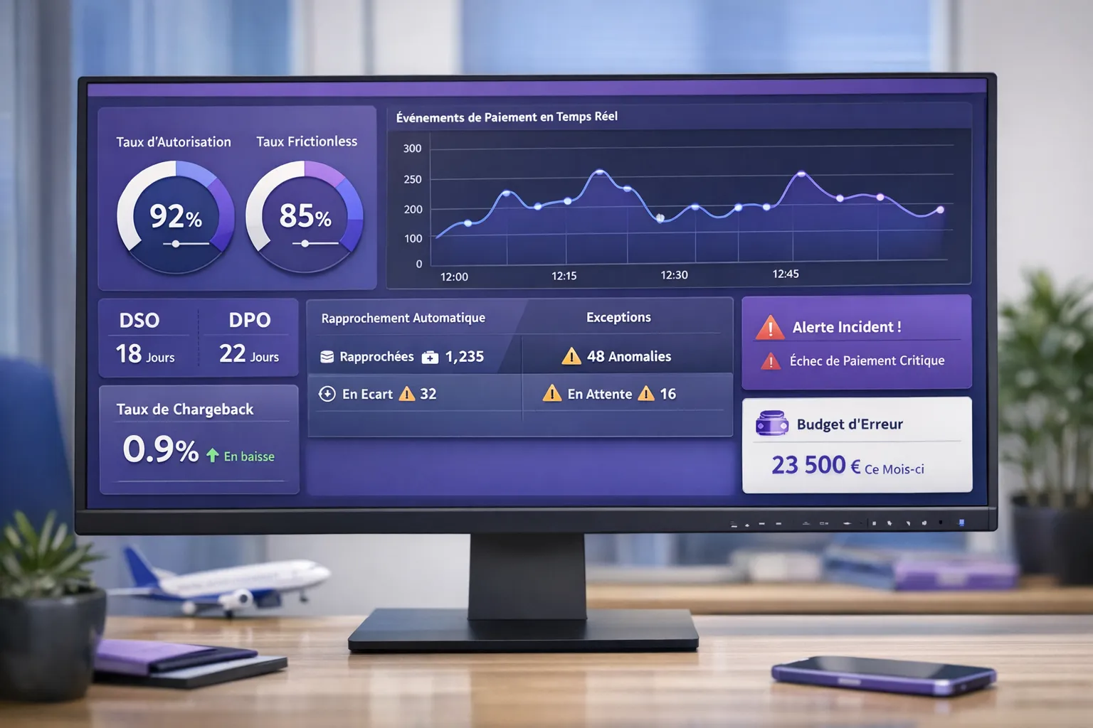 Capture conceptuelle d’un dashboard KPI pour une agence de voyage en ligne: jauges taux d’autorisation et frictionless, graphe temps réel d’évènements de paiement, tableau rapprochement auto versus exceptions, widgets DSO/DPO et taux de chargeback, alertes incident et budget d’erreur.