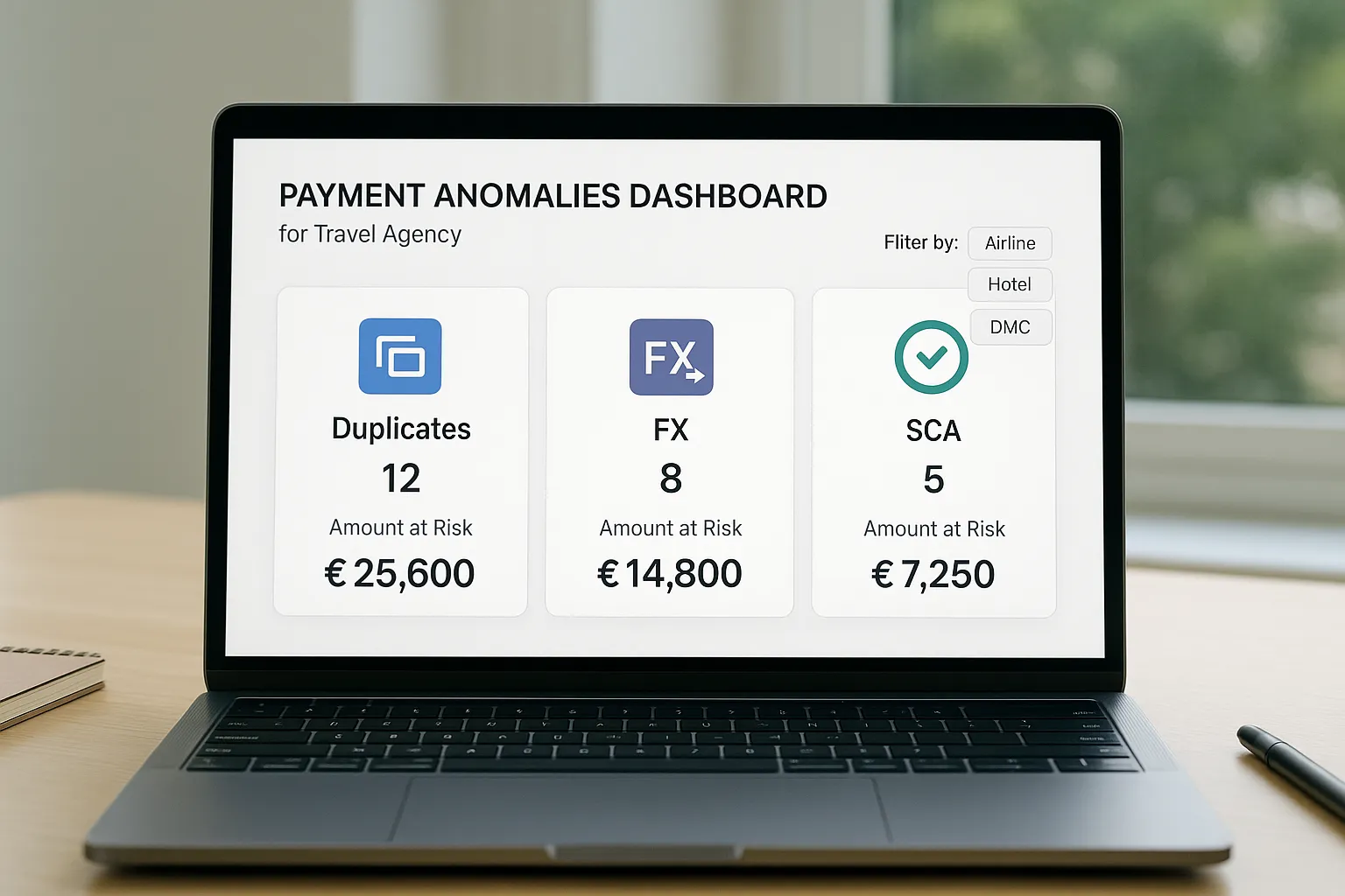 Capture conceptuelle d’un tableau de bord d’anomalies paiements pour agence de voyages, affichant des cartes « doublons », « FX », « SCA », avec compteurs, montants à risque et un filtre par fournisseur aérien, hôtel et DMC.