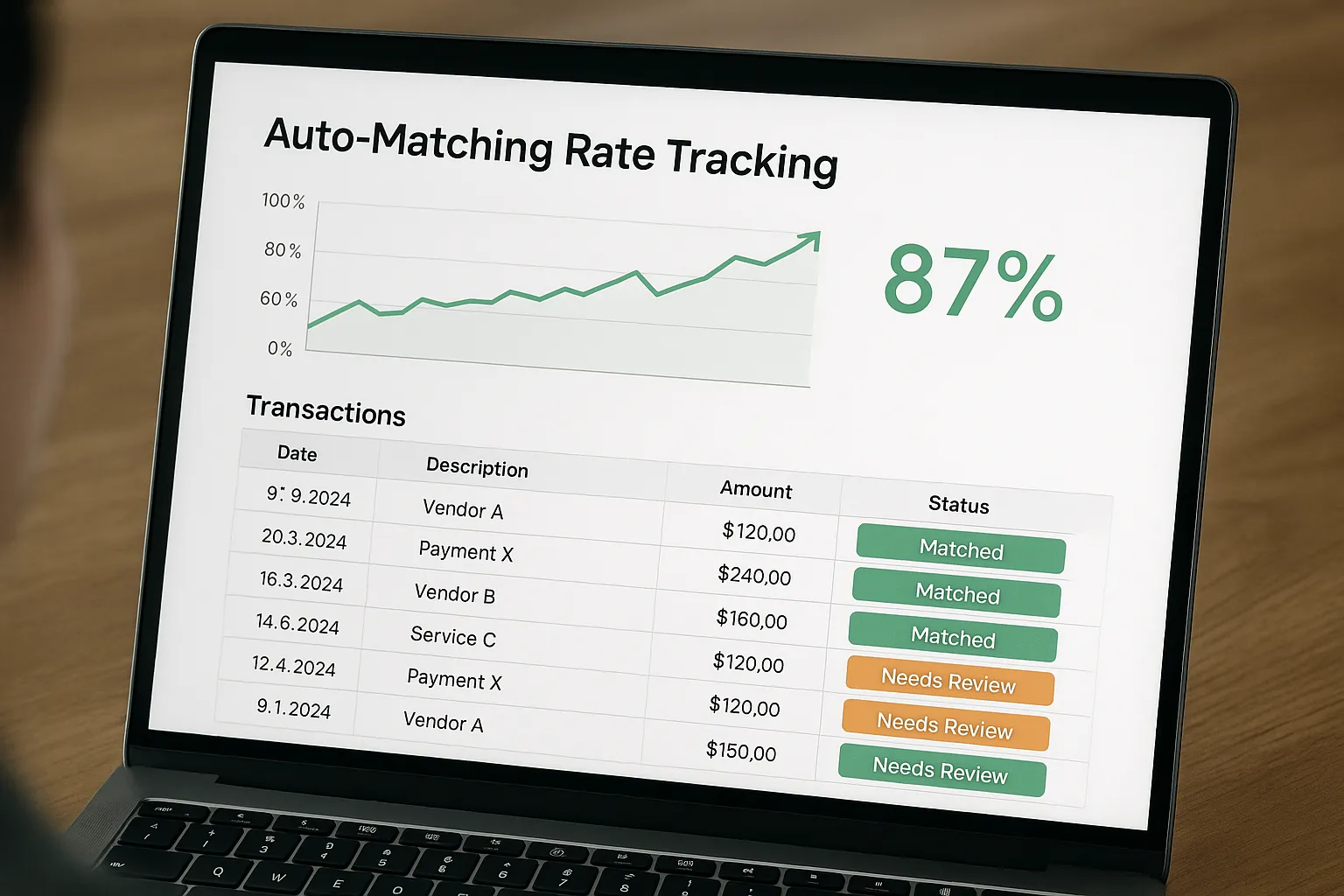 Capture conceptuelle d’un tableau de bord montrant un taux d’appariement automatique en hausse, une liste de transactions colorées en vert lorsqu’elles sont lettrées et en orange lorsqu’elles nécessitent une revue.