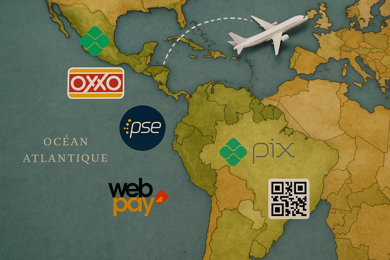 Carte stylisée de l’Amérique latine illustrant par pays les icônes de Pix, Oxxo, PSE, Webpay, QR Argentin, avec un avion reliant la France au continent pour symboliser le flux touristico-financier.