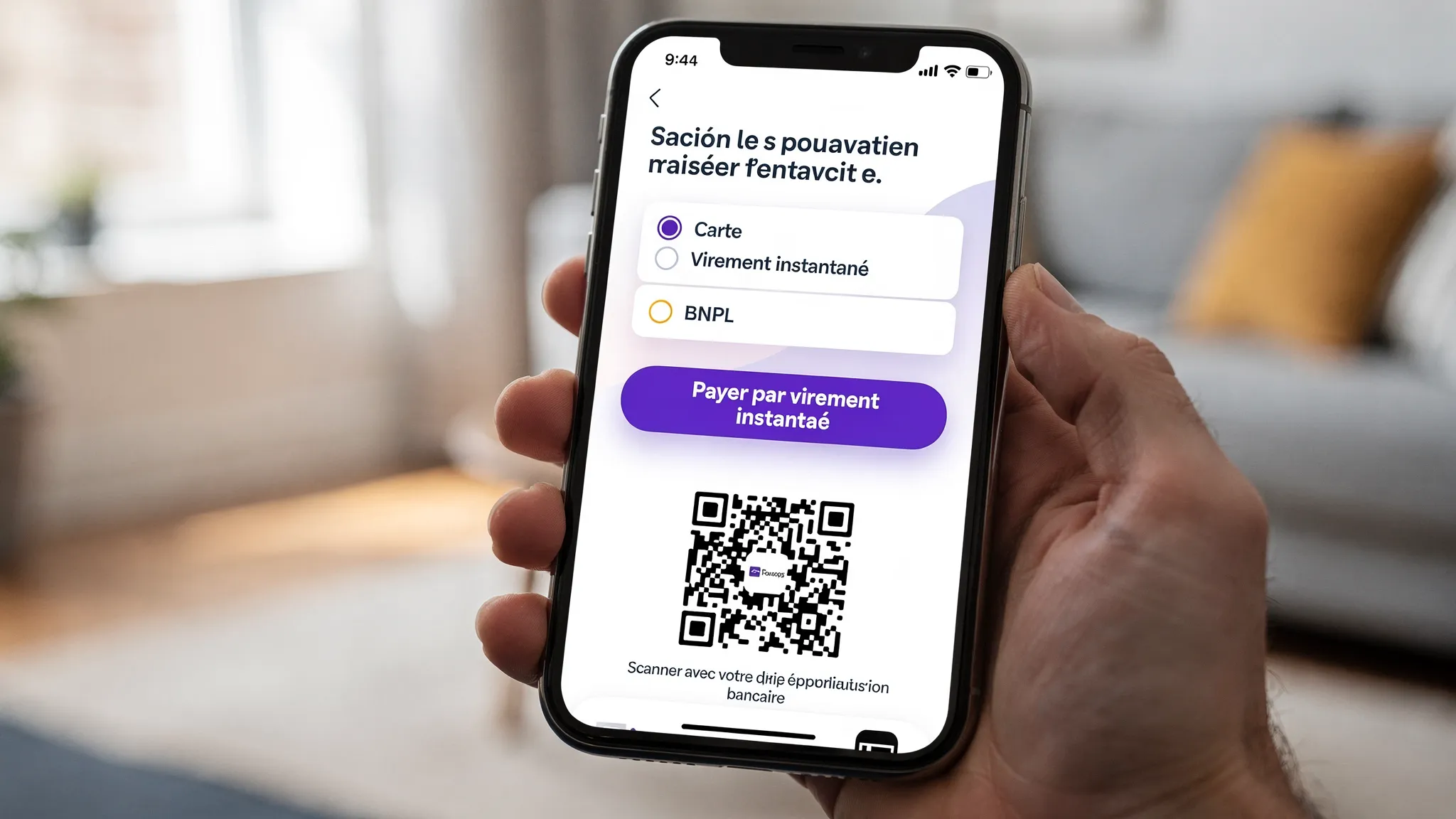 Écran de checkout mobile d’un site de réservation de vacances affichant les moyens de paiement « Carte », « Virement instantané » et « BNPL », avec un bouton « Payer par virement instantané » et un QR code scannable menant à l’application bancaire du client.