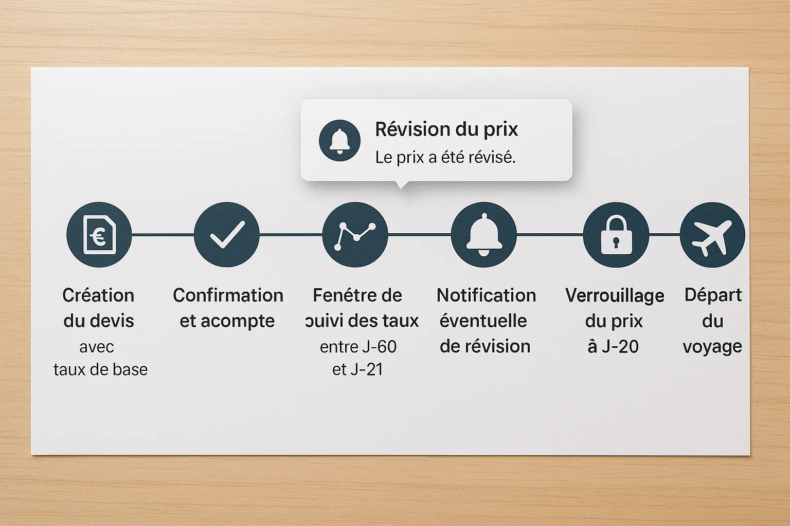 Frise chronologique d’un dossier, création du devis avec taux de base, confirmation et acompte, fenêtre de suivi des taux entre J-60 et J-21, notification éventuelle de révision, verrouillage du prix à J-20, départ du voyage.