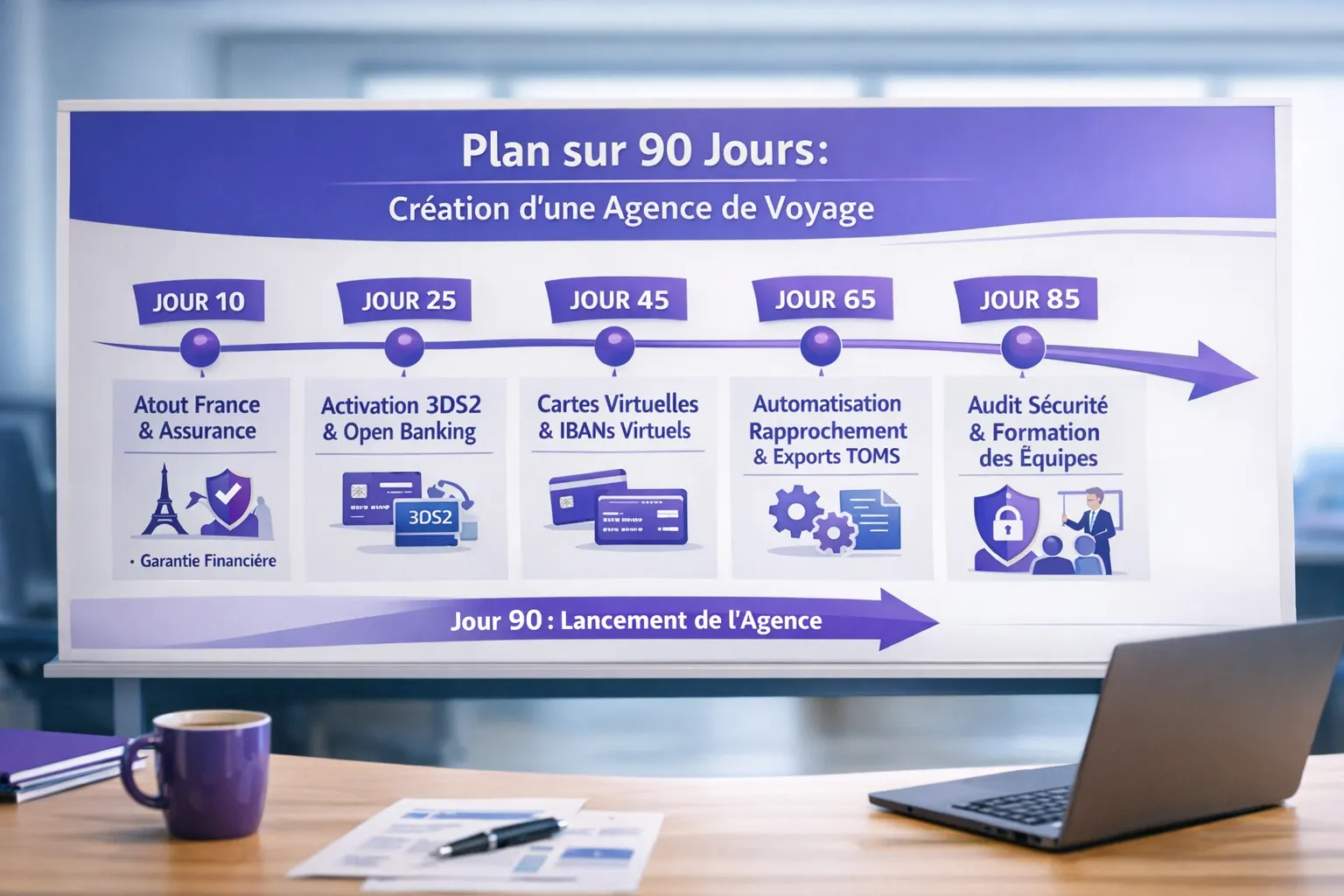 Frise chronologique sur 90 jours pour la création d’une agence de voyage orientée paiements et conformité: jalons Atout France/assurance/garantie, activation 3DS2 et open banking, mise en place cartes virtuelles et IBANs virtuels, automatisation du rapprochement et des exports TOMS, puis audit sécurité et formation des équipes.