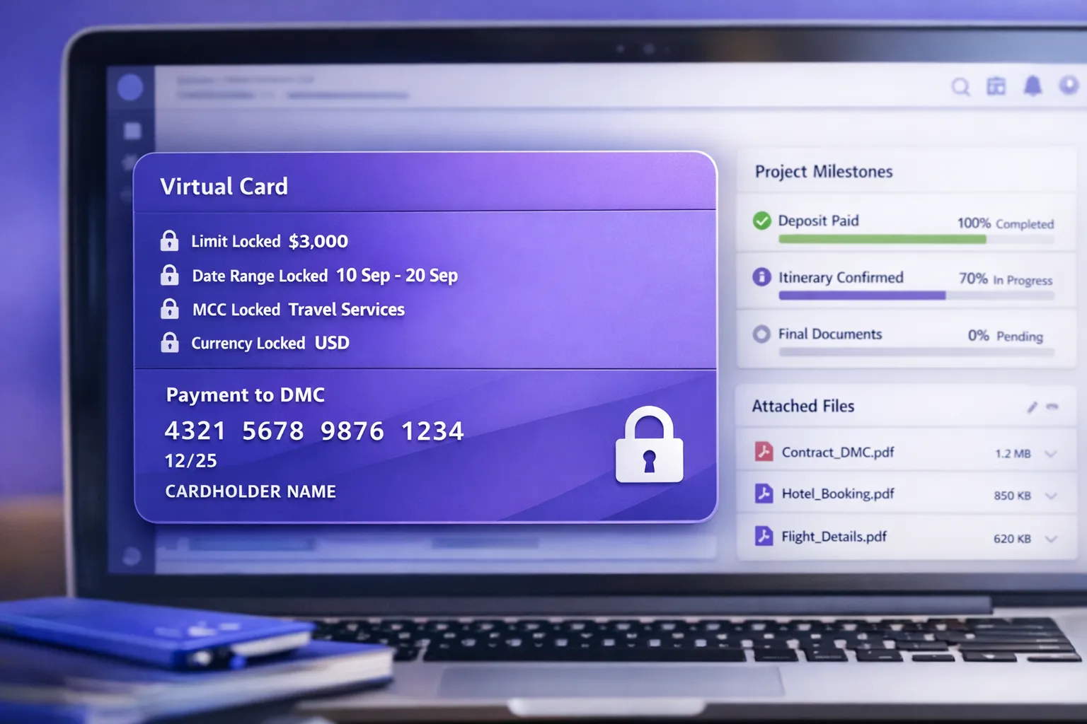 Gros plan d’une carte virtuelle affichant des paramètres verrouillés (plafond, dates, MCC, devise USD) utilisée pour régler l’acompte d’un DMC, avec un tableau de bord montrant l’état des jalons et les pièces jointes du dossier.