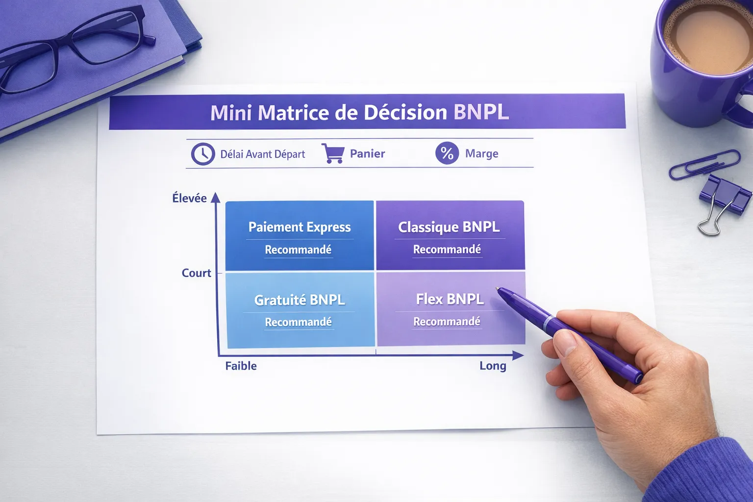 Mini matrice de décision BNPL montrant trois critères clés, délai avant départ, panier, marge, et la recommandation de modèle par quadrant, présentée comme un schéma simple et lisible.