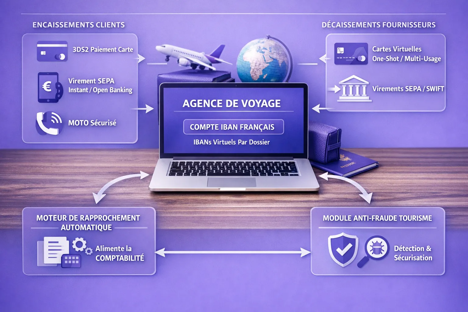 Schéma clair d’une architecture de paiements pour une nouvelle agence de voyage: encaissements clients via carte 3DS2, virement SEPA instant/open banking et MOTO sécurisé; décaissements fournisseurs par cartes virtuelles one‑shot ou multi‑usage, virements SEPA/SWIFT; un IBAN français dédié et des IBANs virtuels par dossier; un moteur de rapprochement bancaire automatique qui alimente la comptabilité et un module anti‑fraude spécifique tourisme.