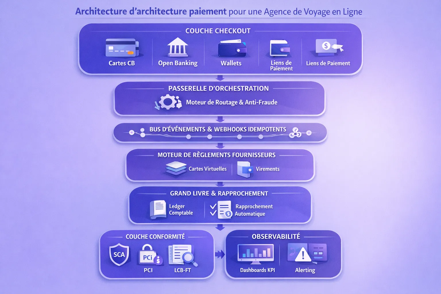 Schéma d’architecture paiement pour une agence de voyage en ligne: couche checkout (CB, virement open banking, wallets, liens de paiement), passerelle d’orchestration avec moteur de routage et anti‑fraude, bus d’évènements et webhooks idempotents, moteur de règlements fournisseurs (cartes virtuelles, virements), grand livre/ledger et module de rapprochement automatique, couche conformité (SCA, PCI, LCB‑FT), observabilité (dashboards KPI et alerting).