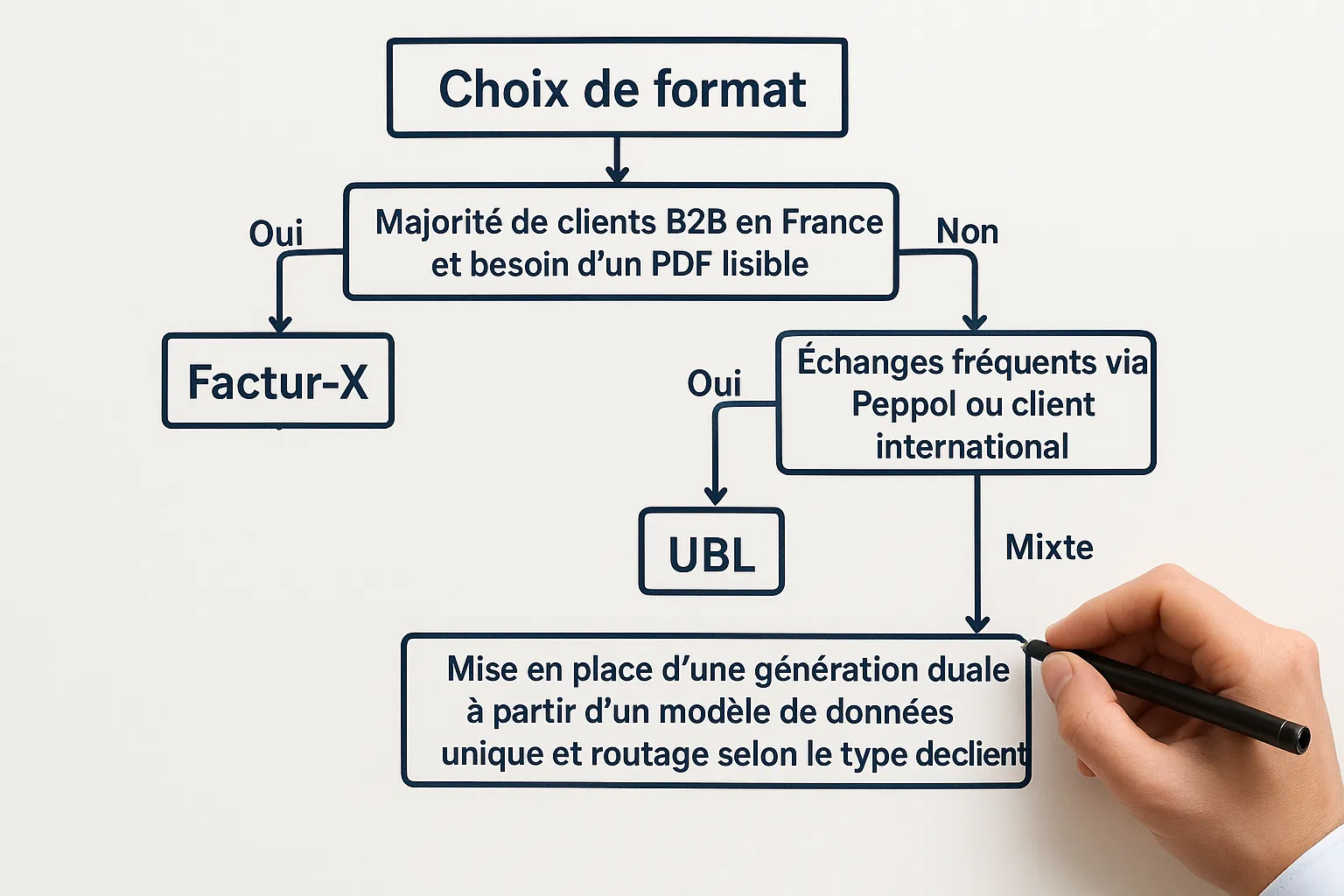 Schéma décisionnel illustrant le choix de format: si majorité de clients B2B en France et besoin d’un PDF lisible, choisir Factur‑X; si échanges fréquents via Peppol ou clients internationaux, choisir UBL; si mixte, mettre en place une génération duale à partir d’un modèle de données unique et router selon le type de client.