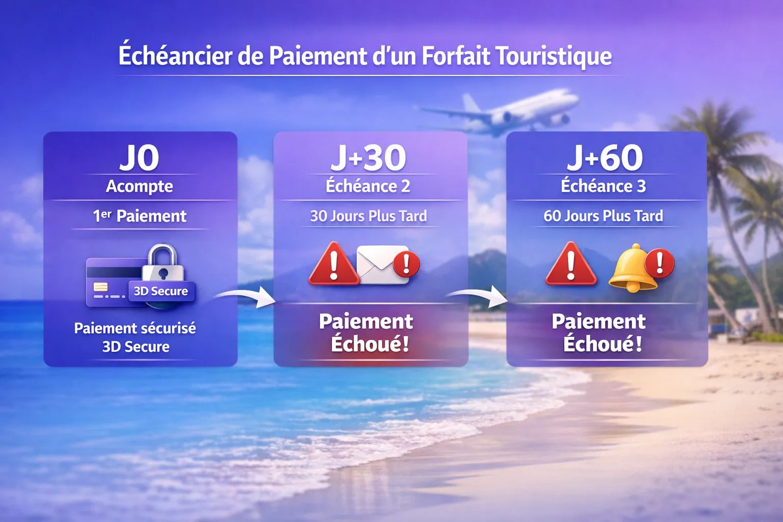 Schéma d’un échéancier de paiement pour un forfait touristique, montrant J0 (acompte), J+30 (échéance 2) et J+60 (échéance 3), avec icônes de 3-D Secure sur le premier paiement et alertes en cas d’échec d’échéance.