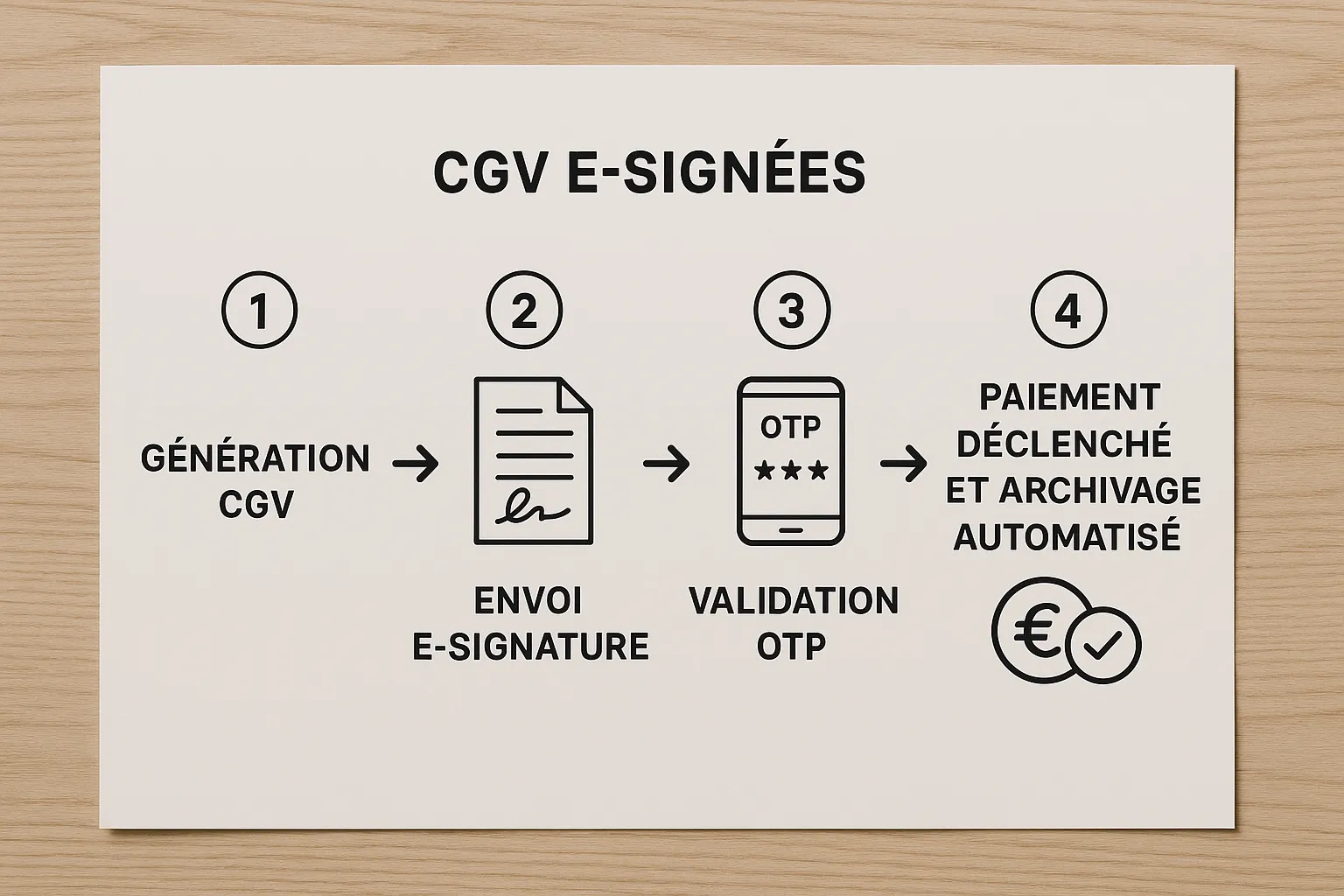 Schéma simple à quatre étapes illustrant le flux CGV e-signées : (1) génération CGV, (2) envoi e-signature, (3) validation OTP, (4) paiement déclenché et archivage automatisé.