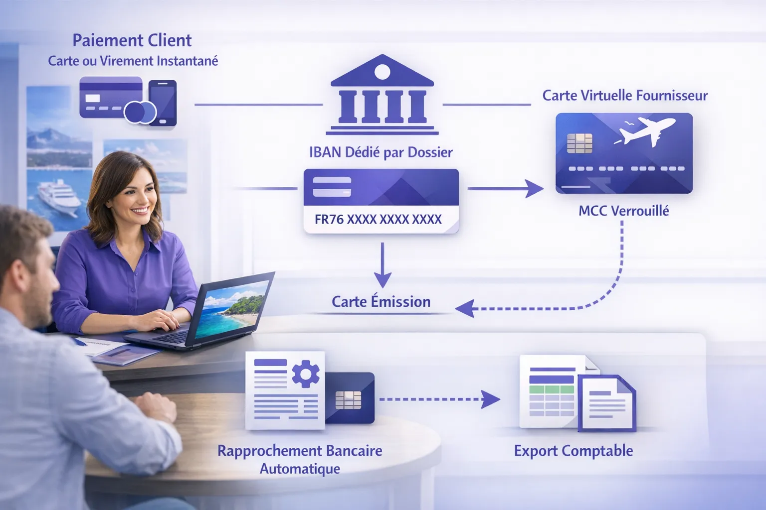 Schéma simple des flux de paiement d’une agence de voyages: encaissement client par carte ou virement instantané, IBAN dédié par dossier, émission d’une carte virtuelle fournisseur avec MCC verrouillé, puis rapprochement bancaire automatique et export comptable.
