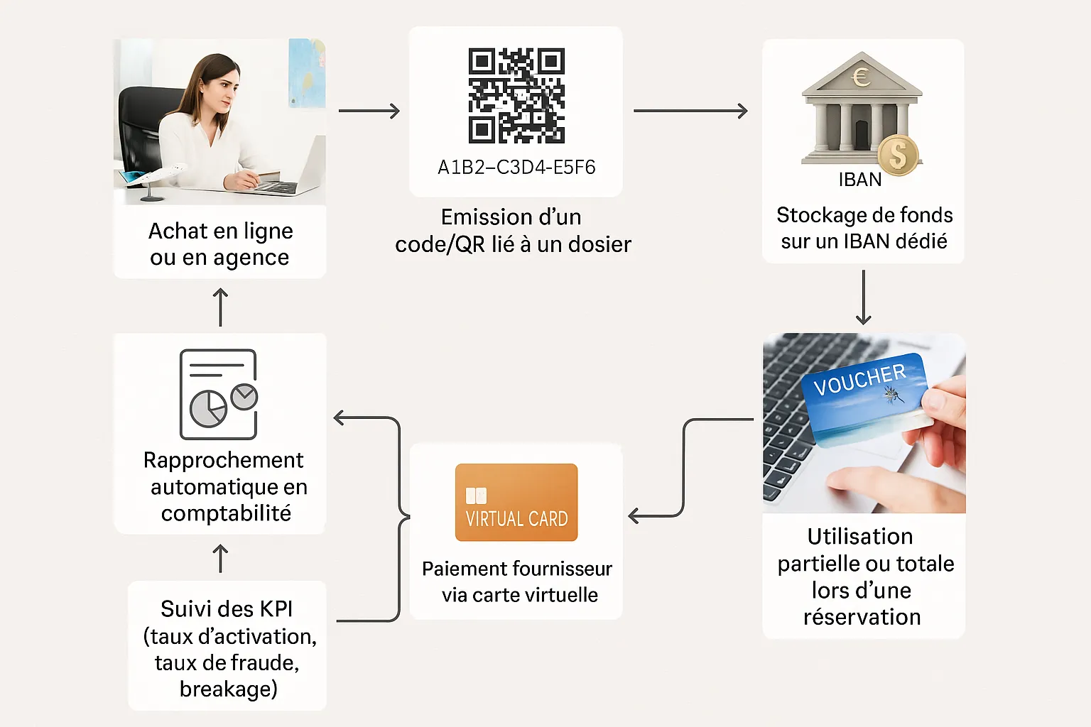 Schéma simple du cycle de vie d’une carte cadeau voyage: achat en ligne en agence, émission d’un code/QR lié à un dossier, stockage des fonds sur un IBAN dédié, utilisation partielle ou totale lors d’une réservation, paiement fournisseur via carte virtuelle, rapprochement automatique en comptabilité, suivi des KPI (taux d’activation, taux de fraude, breakage).