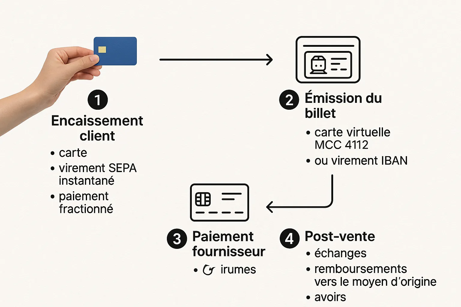 Schéma simple du flux de paiement ferroviaire pour une agence de voyages en 4 étapes: 1) Encaissement client (carte, virement SEPA instantané, paiement fractionné), 2) Émission du billet avec PNR/Dossier, 3) Paiement fournisseur via carte virtuelle MCC 4112 ou virement IBAN, 4) Post‑vente (échanges, remboursements vers le moyen d’origine, avoirs).