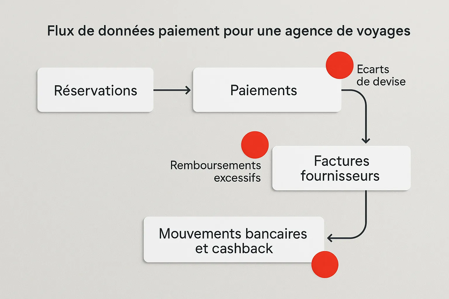 Schéma simple d’un flux de données paiement pour une agence de voyages: réservations (bookings), paiements (payments), factures fournisseurs, remboursements, mouvements bancaires et cashback, avec des pastilles rouges montrant où apparaissent les anomalies courantes comme doublons, écarts de devise et remboursements excessifs.