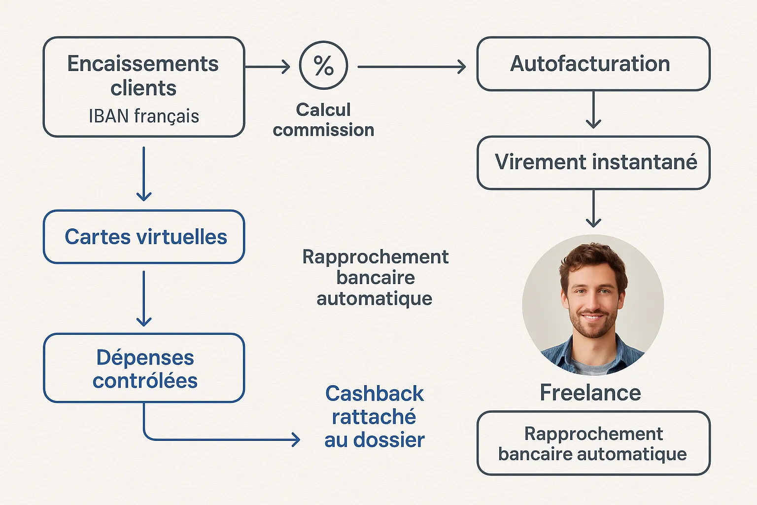 Schéma simple d’un flux de payouts, encaissements clients sur IBAN français, calcul commission, autofacturation, virement instantané au freelance, rapprochement bancaire automatique, avec un flux parallèle cartes virtuelles pour dépenses contrôlées et cashback rattaché au dossier.