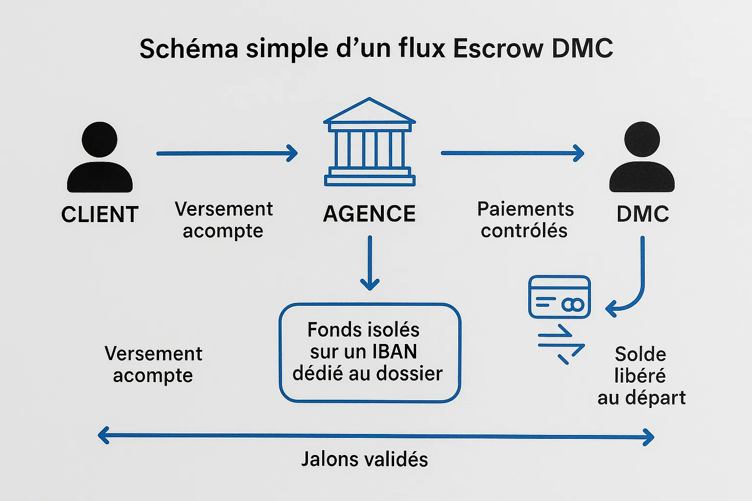 Schéma simple d’un flux Escrow DMC: le client verse un acompte, l’agence isole les fonds sur un IBAN dédié au dossier, des jalons validés déclenchent des paiements contrôlés vers le DMC via carte virtuelle ou virement, puis le solde est libéré au départ.
