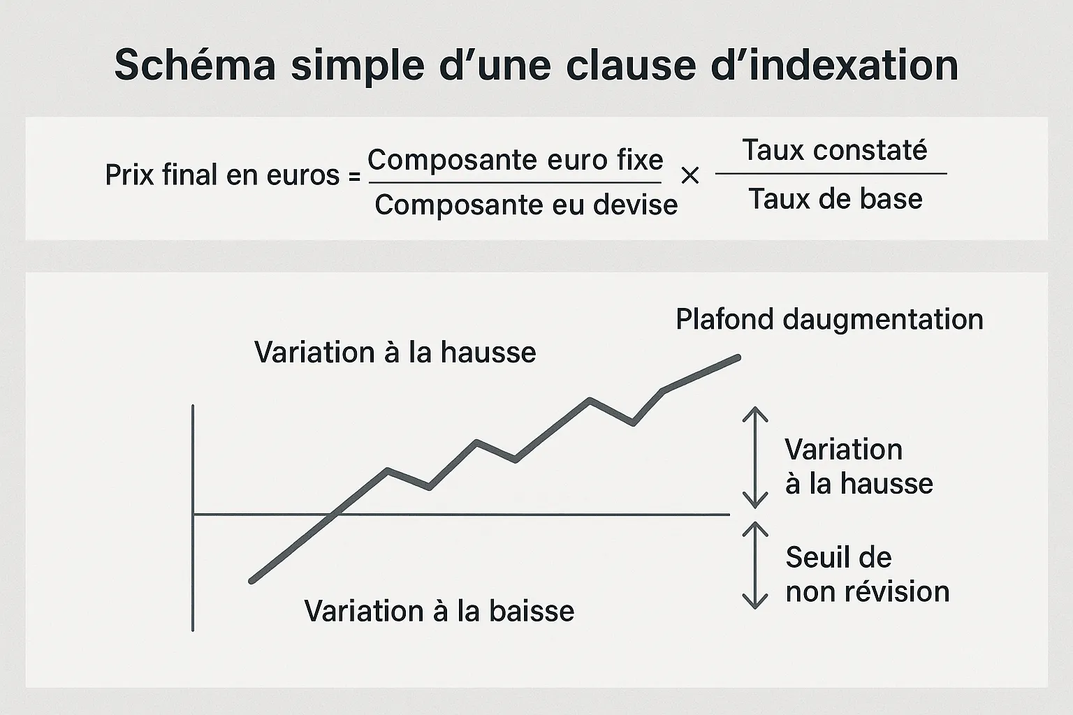 Schéma simple d’une clause d’indexation: prix final en euros égal composante euro fixe plus composante en devise multipliée par le ratio du taux de change constaté sur le taux de base. Des flèches montrent la variation symétrique à la hausse et à la baisse, avec un seuil de non révision et un plafond d’augmentation.