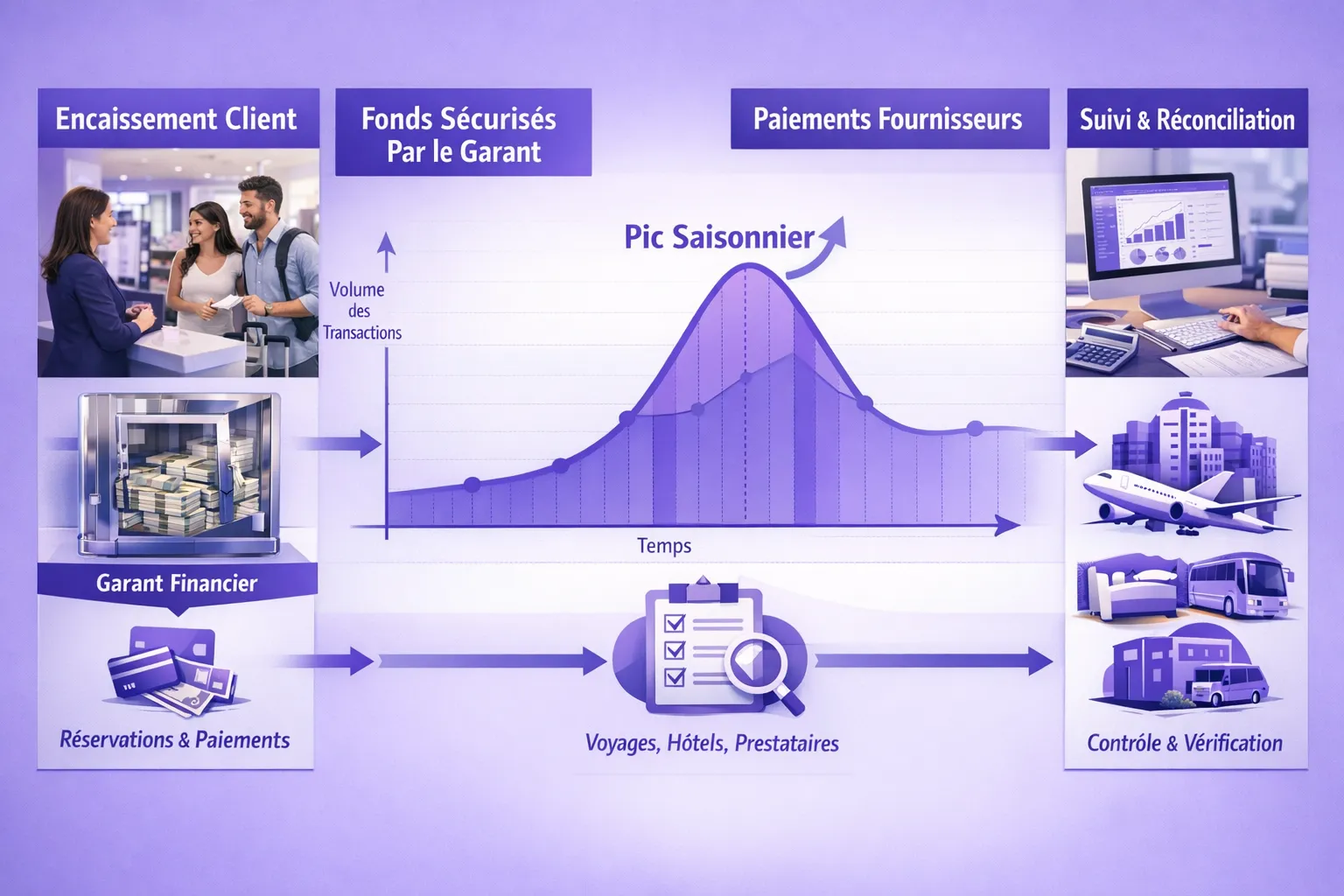 Schéma simple illustrant le fonctionnement de la garantie financière d’une agence de voyage: encaissement client, fonds sécurisés par le garant, paiements fournisseurs, suivi et réconciliation, avec un pic saisonnier mis en évidence.