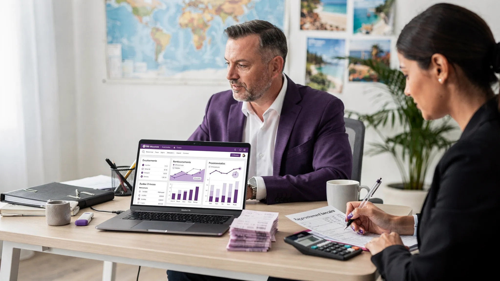 Un directeur d’agence de voyage examine un tableau de bord financier sur ordinateur portable, montrant encaissements, remboursements et exposition maximale, pendant qu’une collaboratrice effectue le rapprochement bancaire avec des reçus et un relevé.