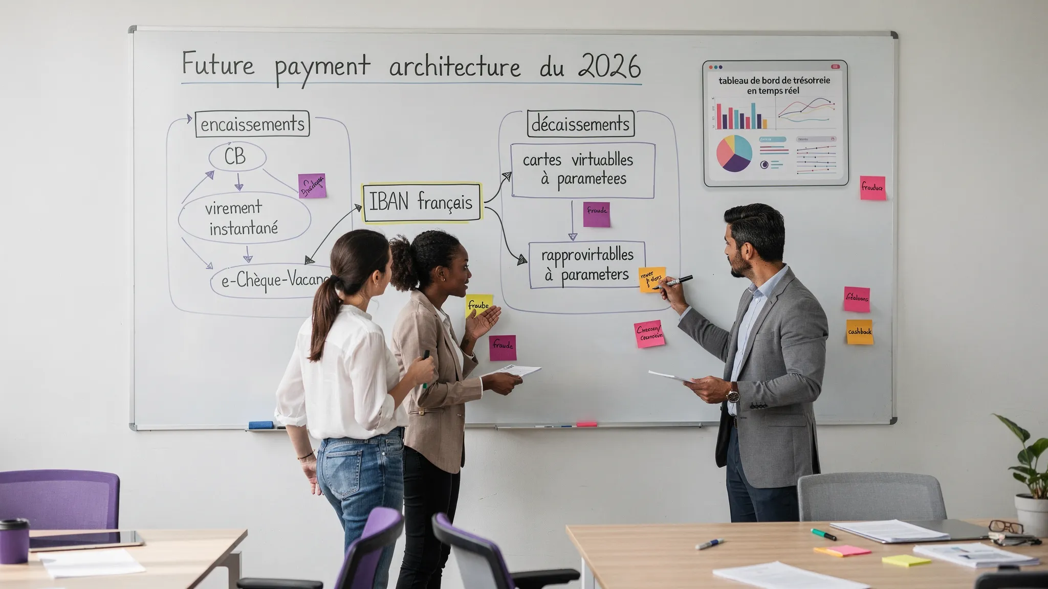 Un tableau blanc en agence avec un schéma clair de l’architecture paiement 2026: encaissements (CB, virement instantané, e‑Chèque‑Vacances), décaissements (cartes virtuelles à paramètres), IBAN français, et un tableau de bord de trésorerie en temps réel. Trois personnes annotent des post‑its « fraude », « rapprochement », « cashback ».