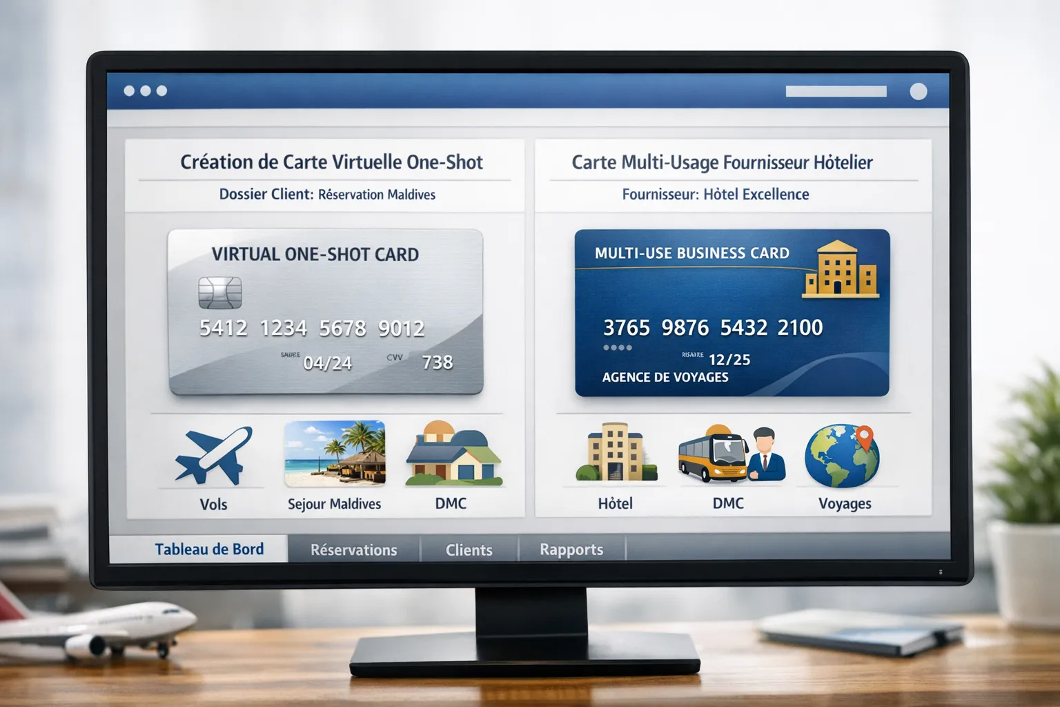 Un tableau de bord d’agence de voyages affiche la création d’une carte virtuelle one‑shot liée à un dossier client et, à côté, une carte multi‑usage associée à un fournisseur hôtelier récurrent. Des icônes tourisme (avion, hôtel, DMC) illustrent les cas d’usage.
