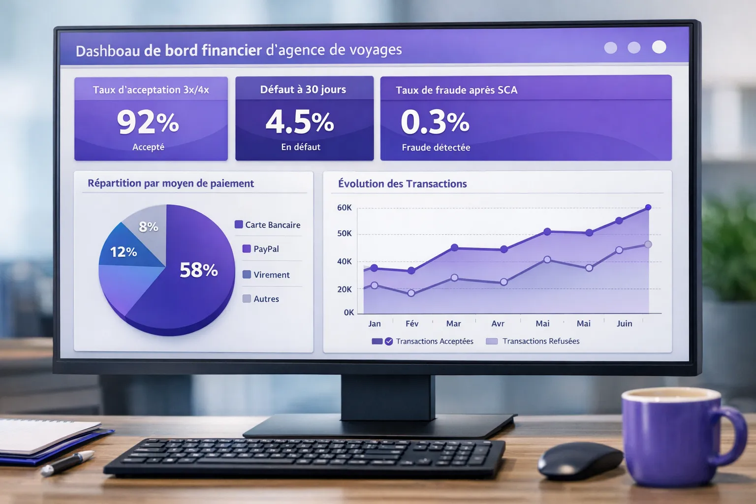 Un tableau de bord financier d’agence de voyages montrant taux d’acceptation 3x/4x, défaut à 30 jours, taux de fraude après SCA et répartition par moyen de paiement, avec un graphique de tendance.