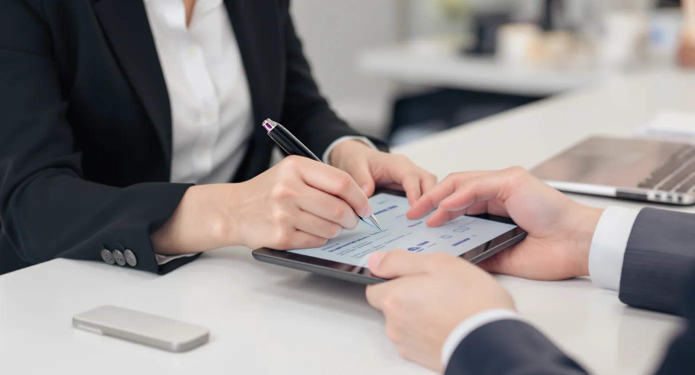 Une conseillère voyage fait signer électroniquement sur tablette des CGV claires à un couple avant de finaliser leur paiement, permettant de lier preuve de consentement et transaction bancaire.