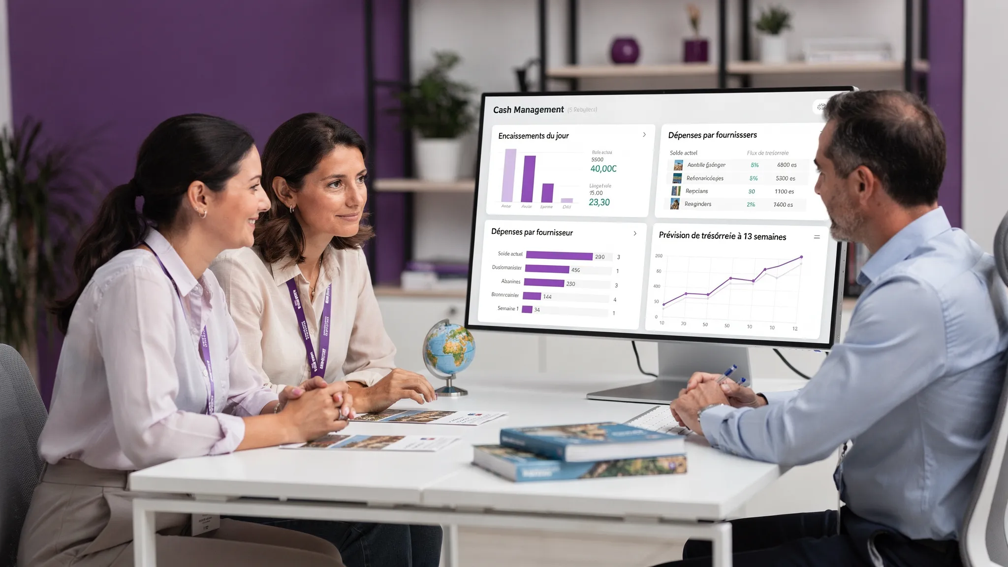 Une petite agence de voyage examine un tableau de bord de trésorerie sur écran, affichant encaissements du jour, dépenses par fournisseur et prévision à 13 semaines, ambiance studio moderne et professionnelle.