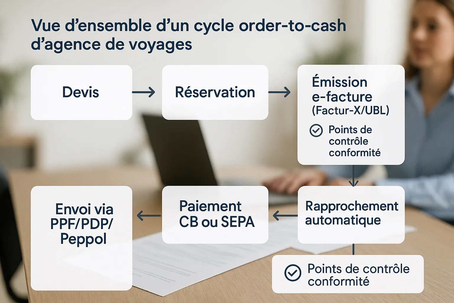 Vue d’ensemble d’un cycle order-to-cash d’agence de voyages: devis, réservation, émission e‑facture (Factur‑X/UBL), envoi via PPF/PDP/Peppol, paiement CB ou SEPA, rapprochement automatique, reporting cash et marge, avec points de contrôle conformité.