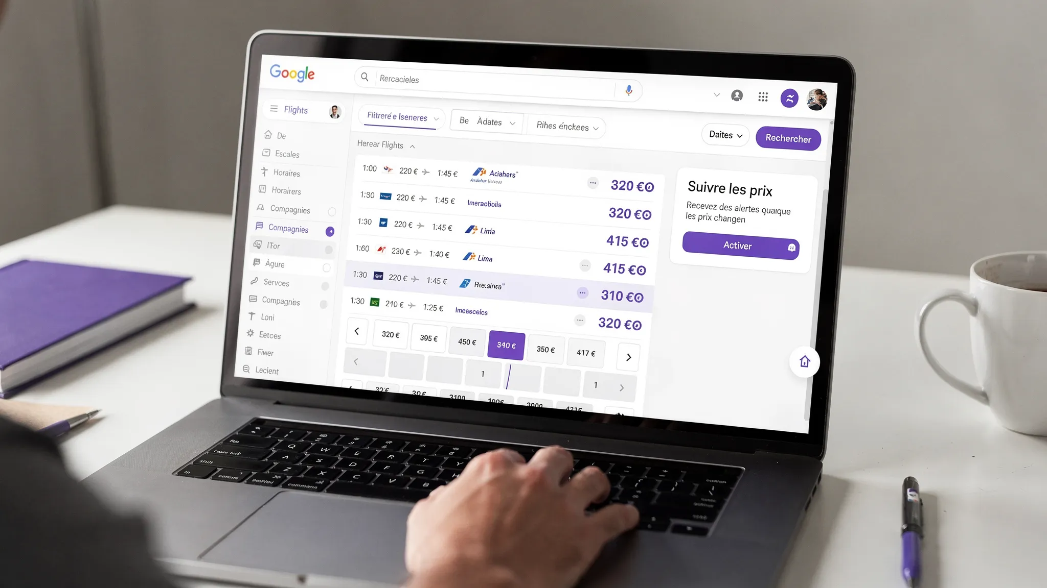 Capture d’écran illustrative d’une recherche Google Flights montrant une liste de vols avec filtres (escales, horaires, compagnies), un calendrier de prix et un encart “suivre les prix”.