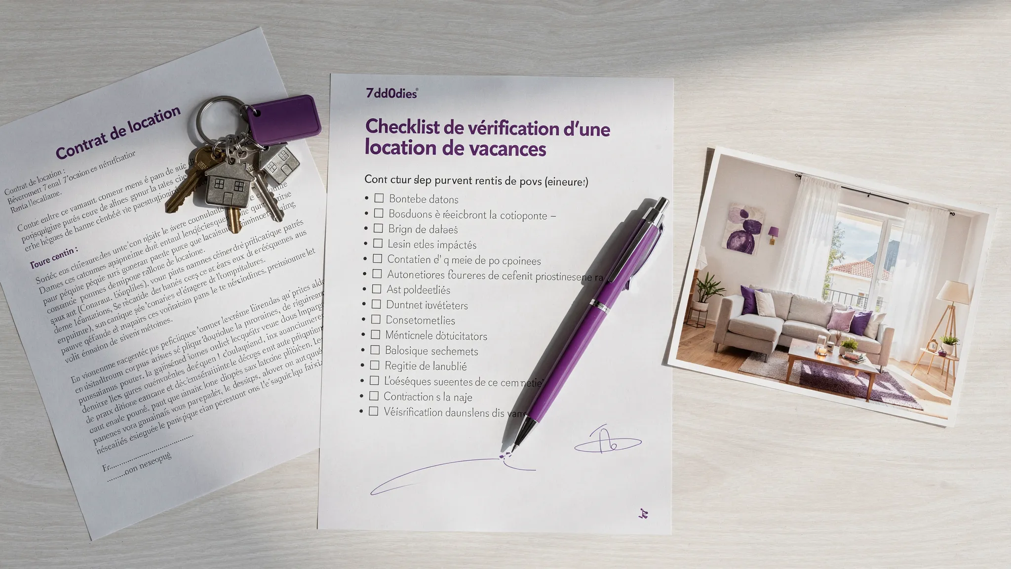 Checklist de vérification d’une location de vacances trouvée en ligne, posée sur un bureau avec un contrat de location, un trousseau de clés et une photo imprimée du logement, illustrant les étapes de contrôle avant paiement.