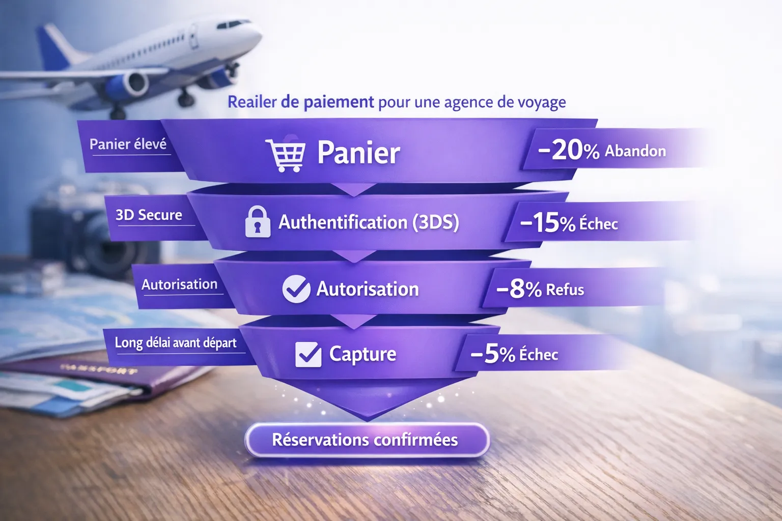 Entonnoir de paiement pour une agence de voyage en ligne, montrant les étapes Panier → Authentification (3DS) → Autorisation → Capture, avec des pourcentages illustrant les pertes à chaque étape et des annotations spécifiques voyage comme « long délai avant départ » et « panier élevé ».