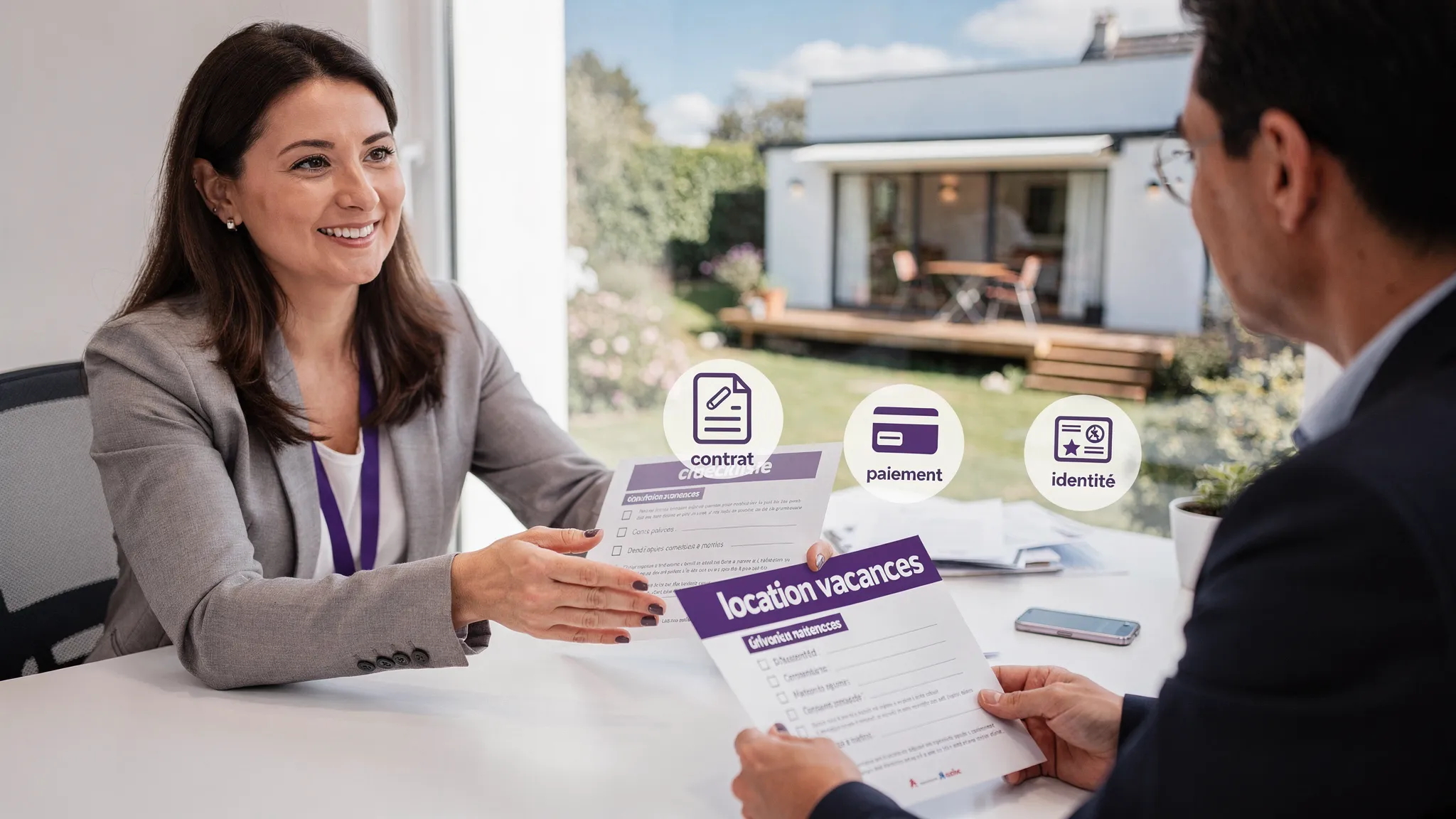 Illustration d’un conseiller en agence de voyage présentant à un client une fiche de contrôle “location vacances”, avec une maison de vacances en arrière-plan et des pictogrammes de sécurité (contrat, paiement, identité) clairement visibles.