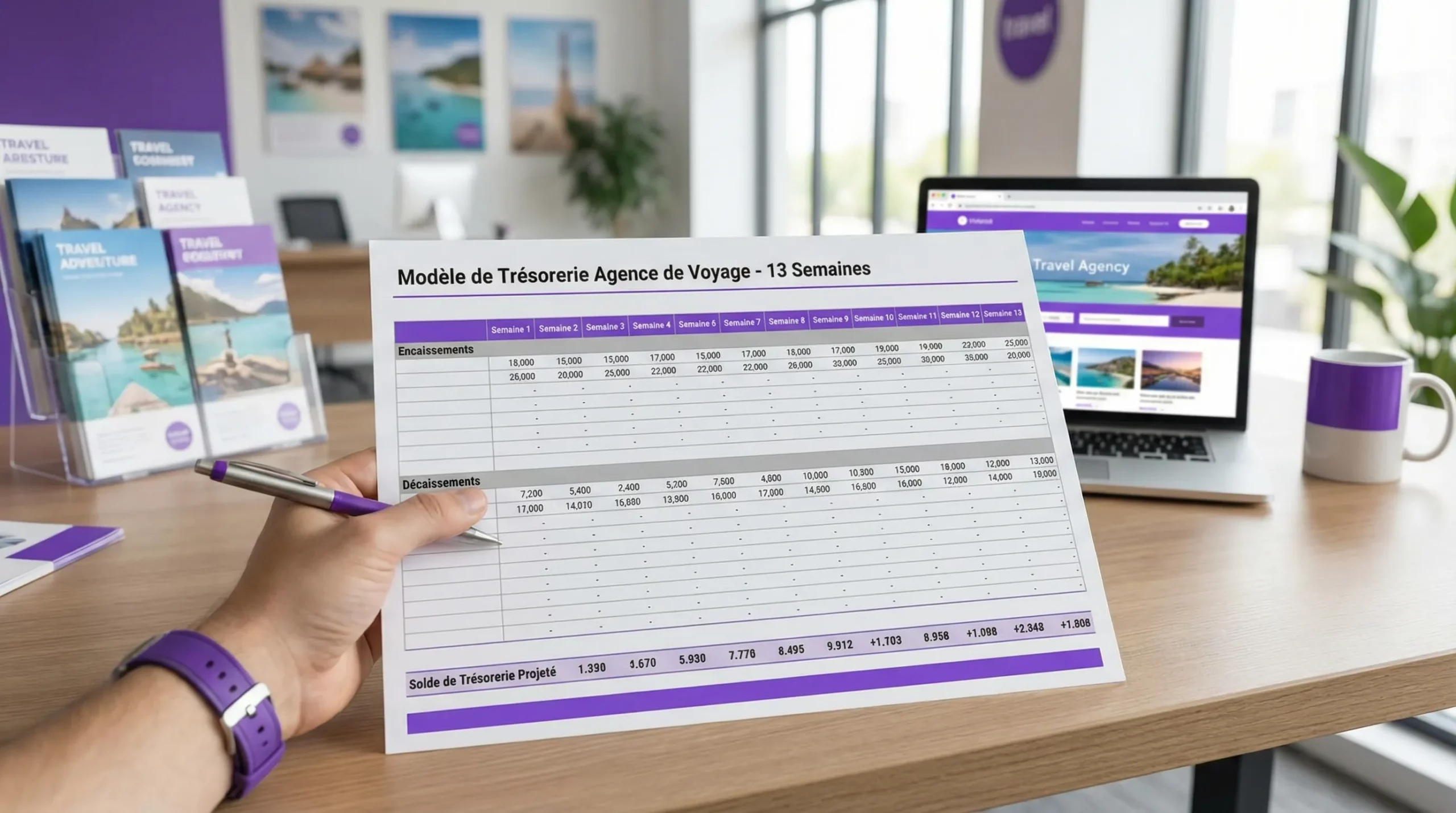 Illustration d’un modèle de trésorerie sur 13 semaines pour une agence de voyage, avec colonnes par semaine, lignes encaissements et décaissements, et un solde de trésorerie projeté.