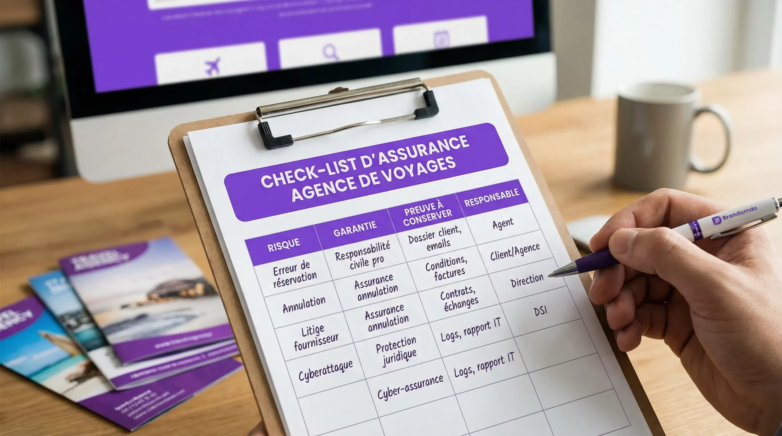 Illustration d’une check-list d’assurance pour une agence de voyages: colonnes “risque”, “garantie”, “preuve à conserver”, “responsable”, avec des exemples comme erreur de réservation, annulation, litige fournisseur, cyberattaque.