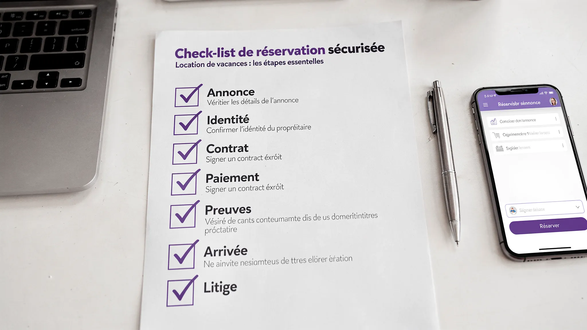 Illustration d’une check-list de réservation sécurisée pour une location de vacances : annonce, identité, contrat, paiement, preuves, arrivée, litige. Les éléments sont présentés sous forme de cases à cocher, avec un style clair et professionnel.